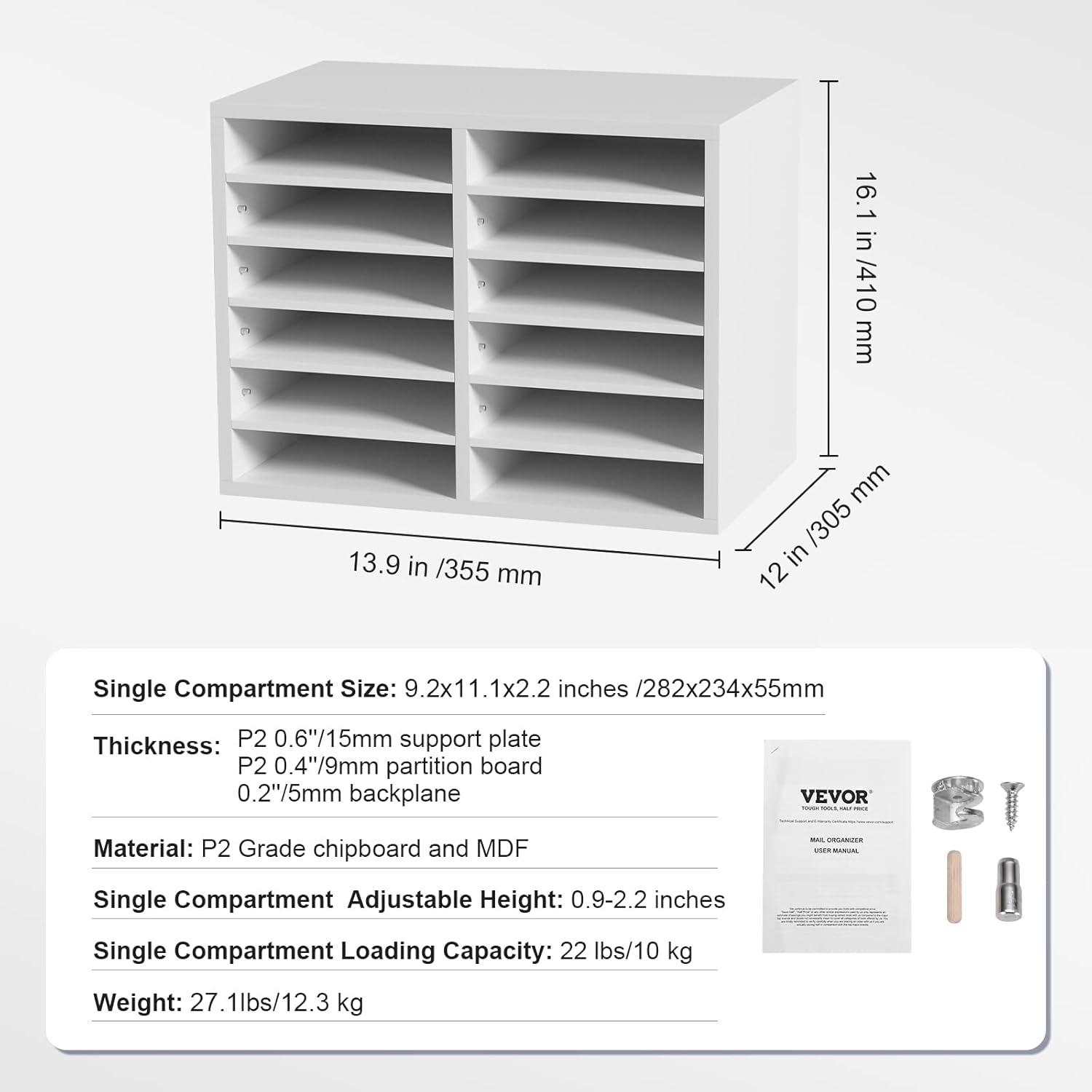 White Adjustable 12-Compartment Wood Literature Organizer