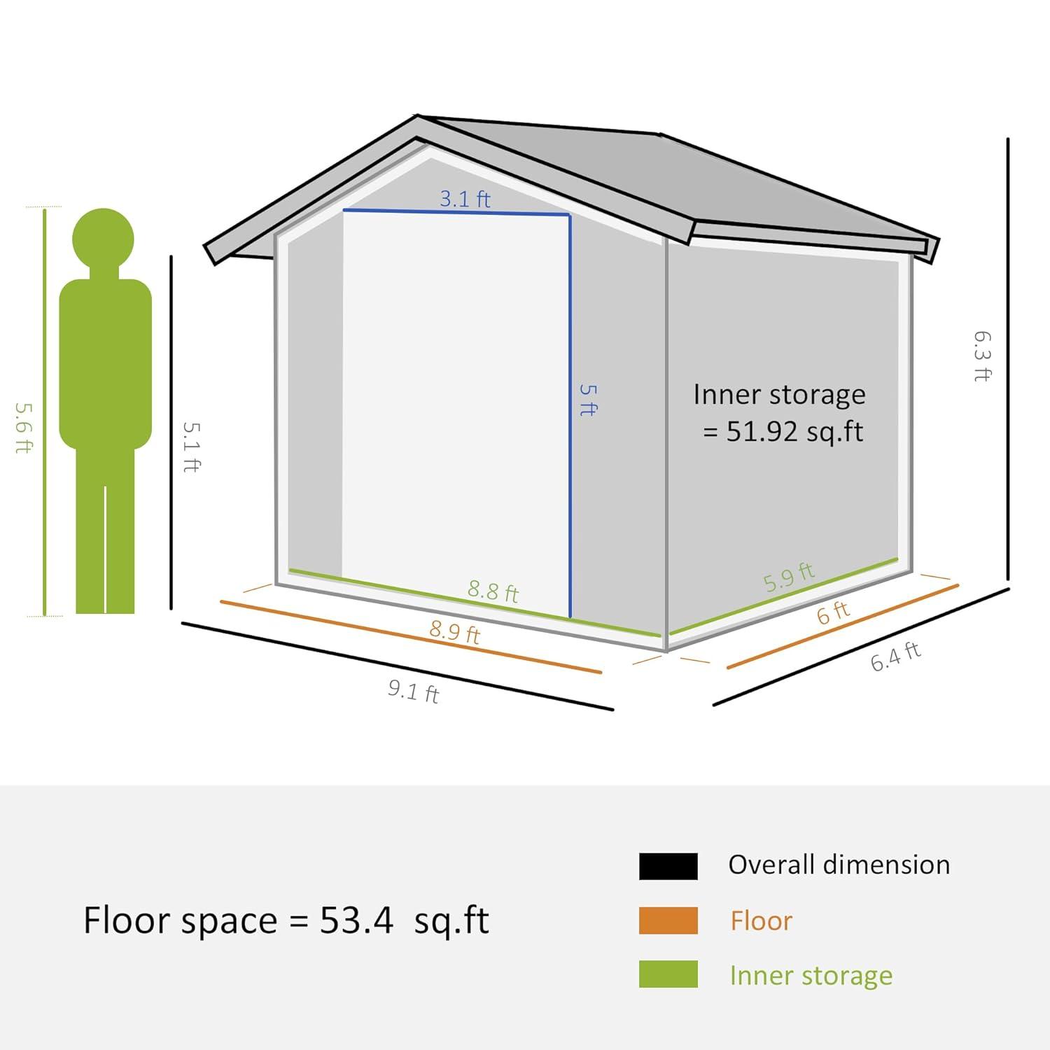 Outsunny 9' x 6' Metal Storage Shed Organizer, Garden Tool House with 4 Vents and 2 Sliding Doors for Backyard, Patio, Garage, Lawn, Dark Gray