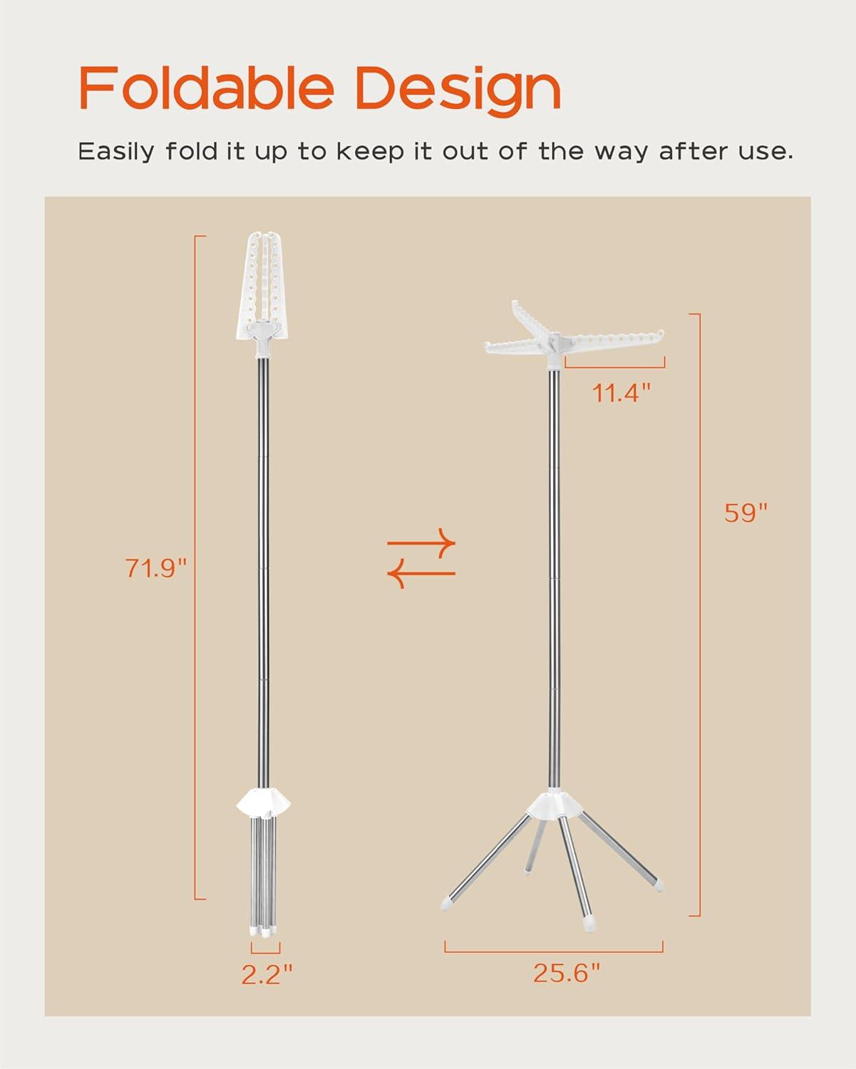 Clothes Drying Rack Foldable, 59 inch Tripod Laundry Drying Rack Indoor with Rotating Clothes Rail for 27 Pieces of Clothes, Space Saving, Stainless Steel, White and Silver CDR001W01
