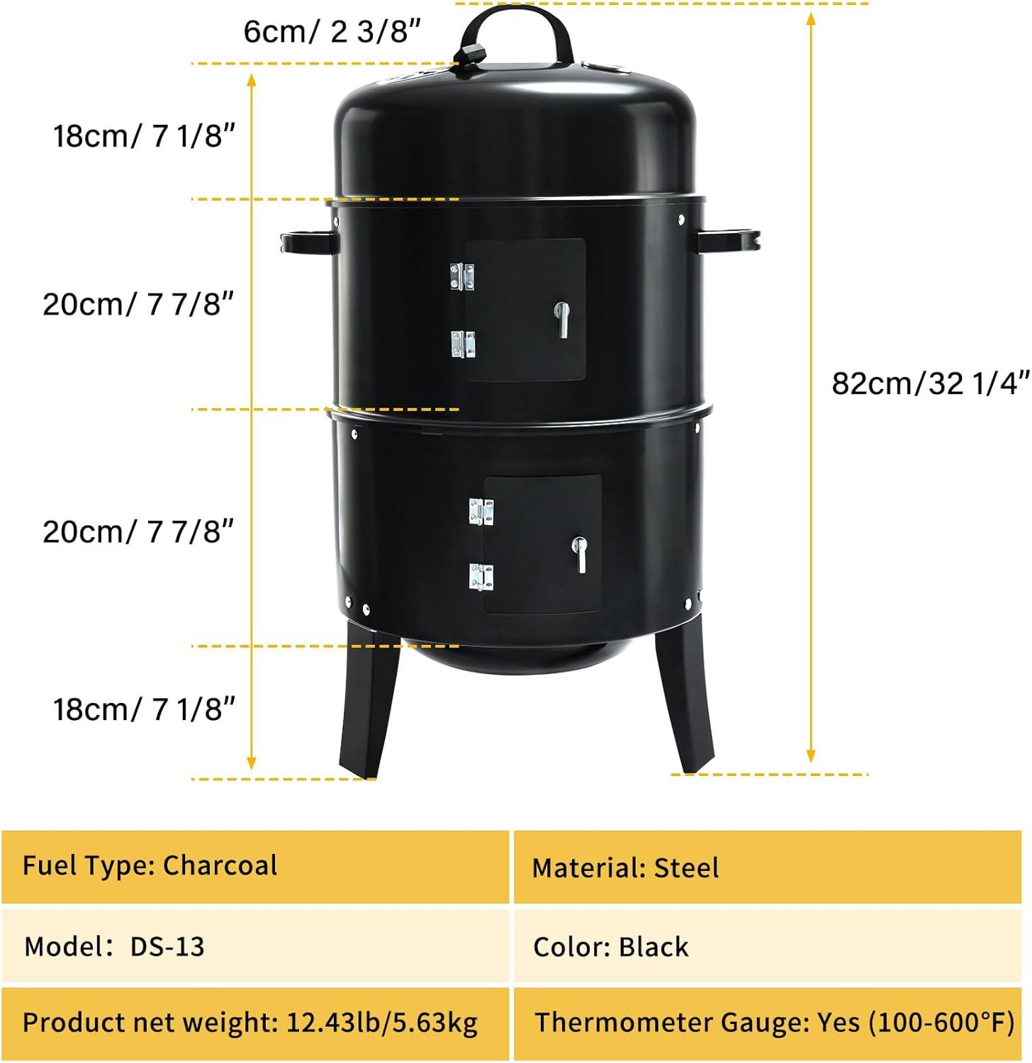 32" Black Stainless Steel 3-in-1 Charcoal Smoker BBQ Grill