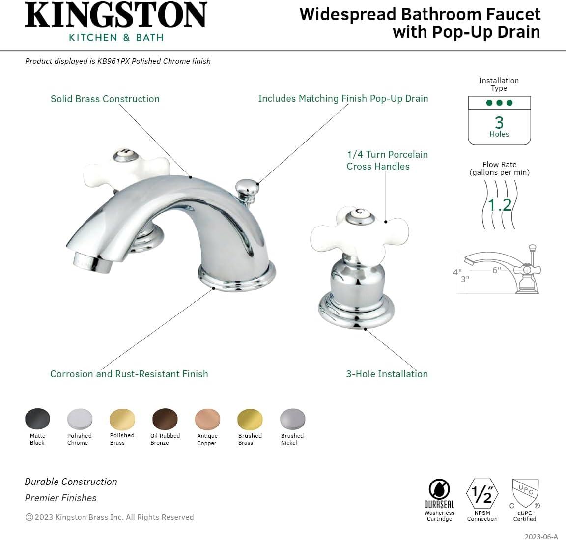 Kingston Brass Magellan Two-Handle 3-Hole Deck Mount Widespread Bathroom Faucet with Retail Pop-Up Drain