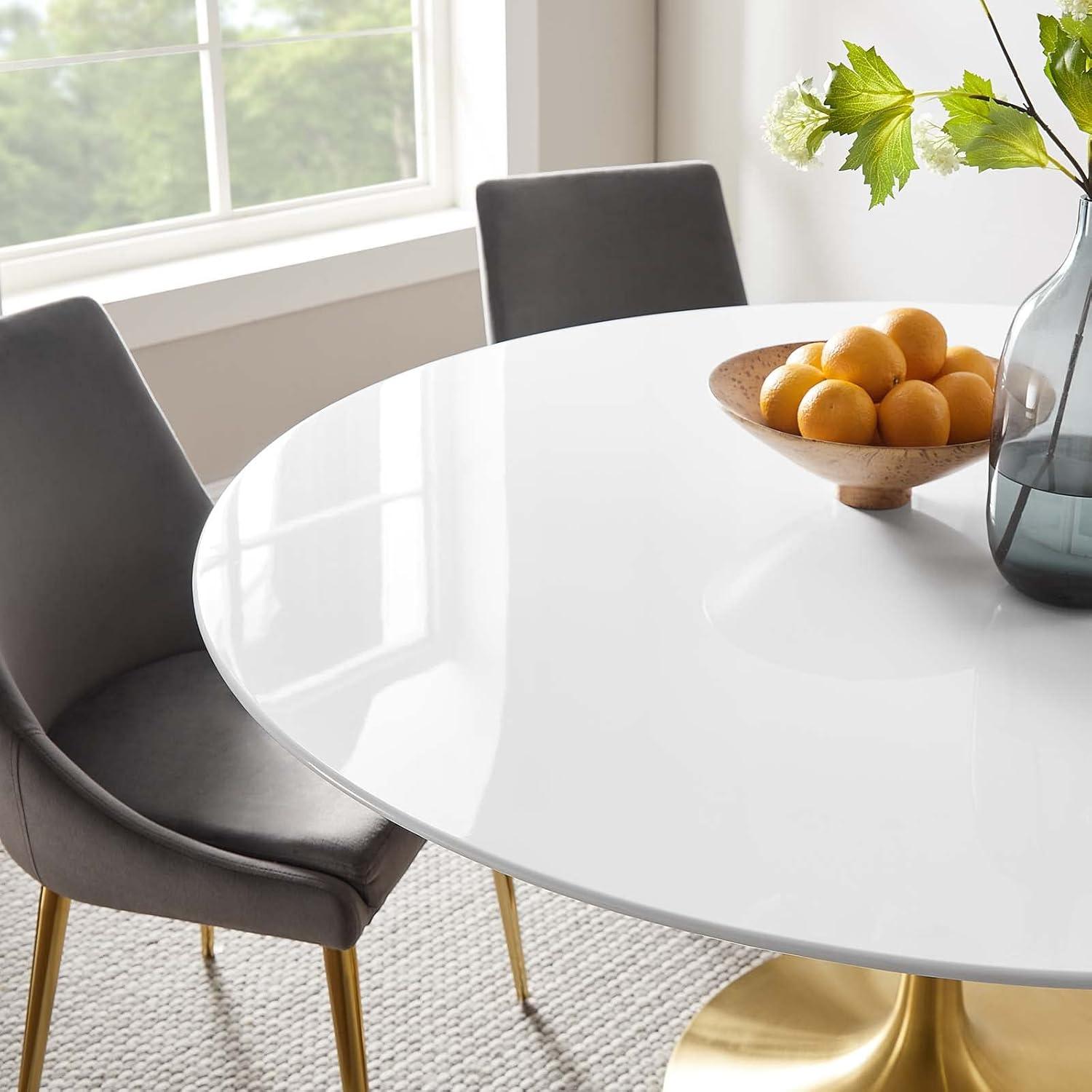 60" Round White Wood Dining Table with Gold Pedestal Base