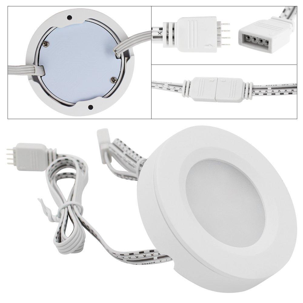 TORCHSTAR Set of 3 Multicolor LED Under Cabinet Lighting Kit, UL-Listed Power Adapter, Surface and Recessed Mount LED Puck Lights, IR Remote Control, Warm White