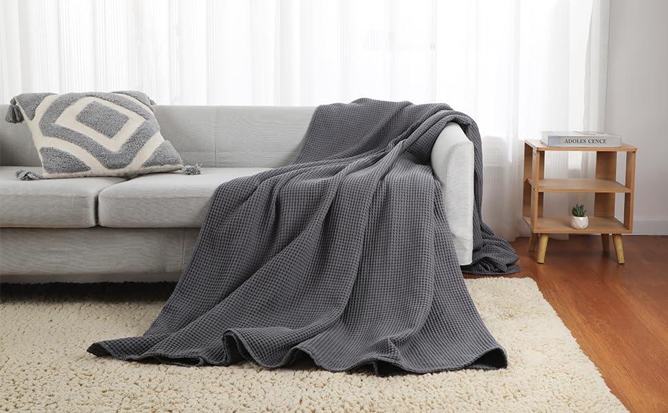 Shunjie.Home 100% Cotton Waffle Bed Blanket Queen Size, Throw Blanket for Couch All Seasons (White, 90x90)