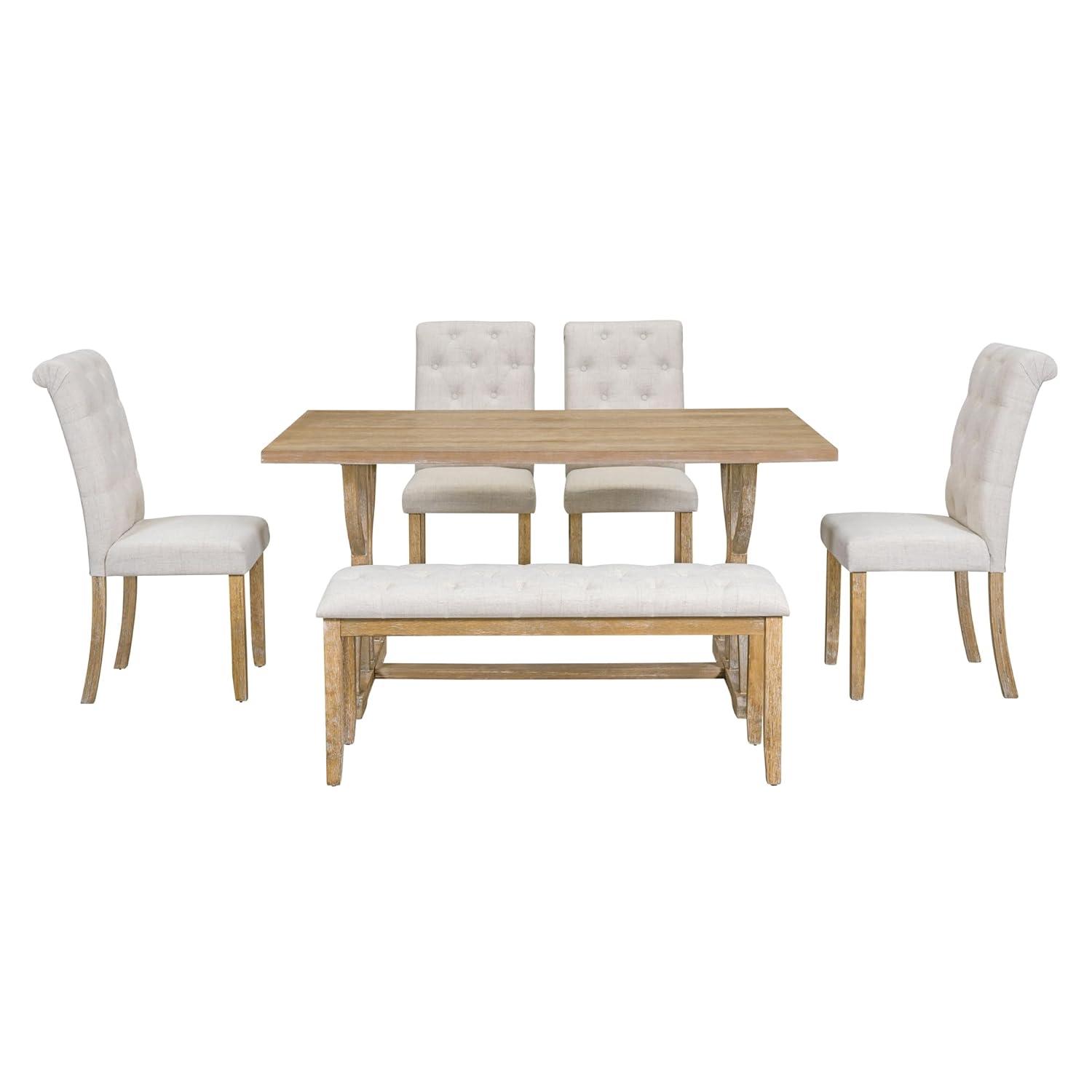 Merax 6-Piece Retro Dining Table Set, Rubber Wood Rectangular Table with Unique Legs and 4 Upholstered Chairs & 1 Bench for Dining Room and Kitchen (Natural Wood Wash)