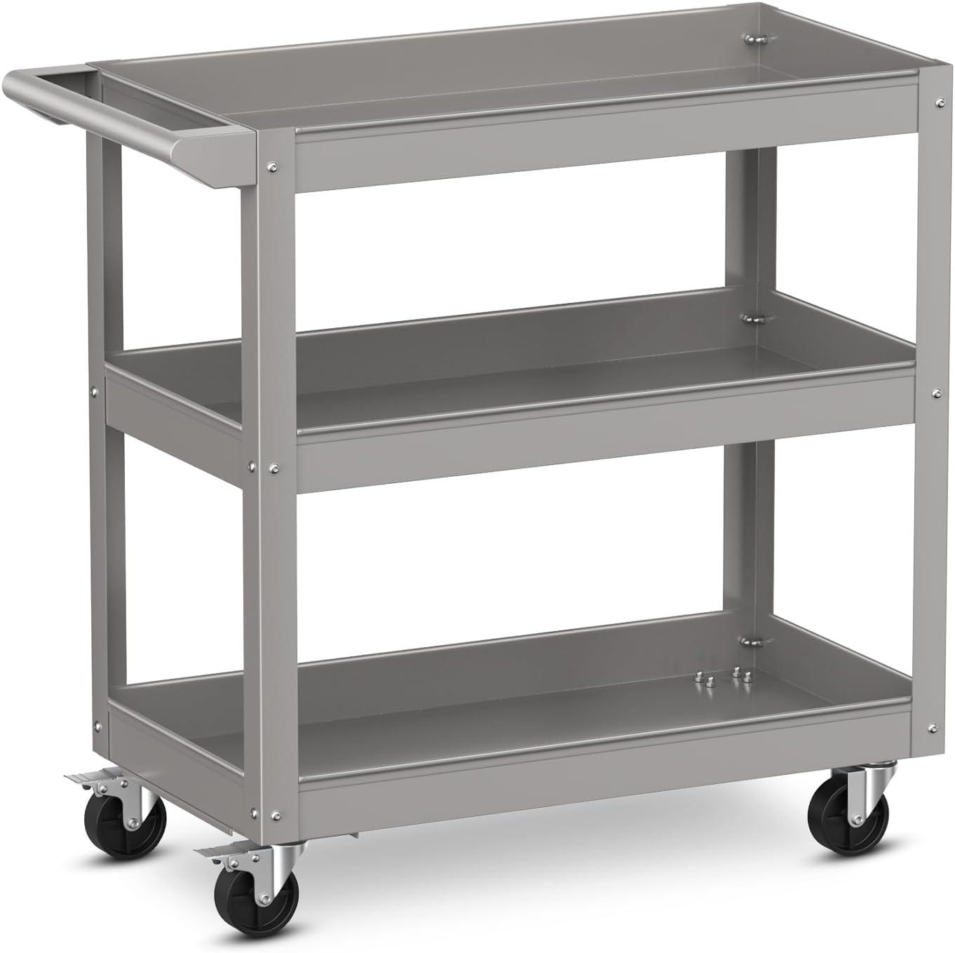 Costway 3-Tier Metal Utility Cart 400 lbs Storage Service Trolley Tool Storage Gray