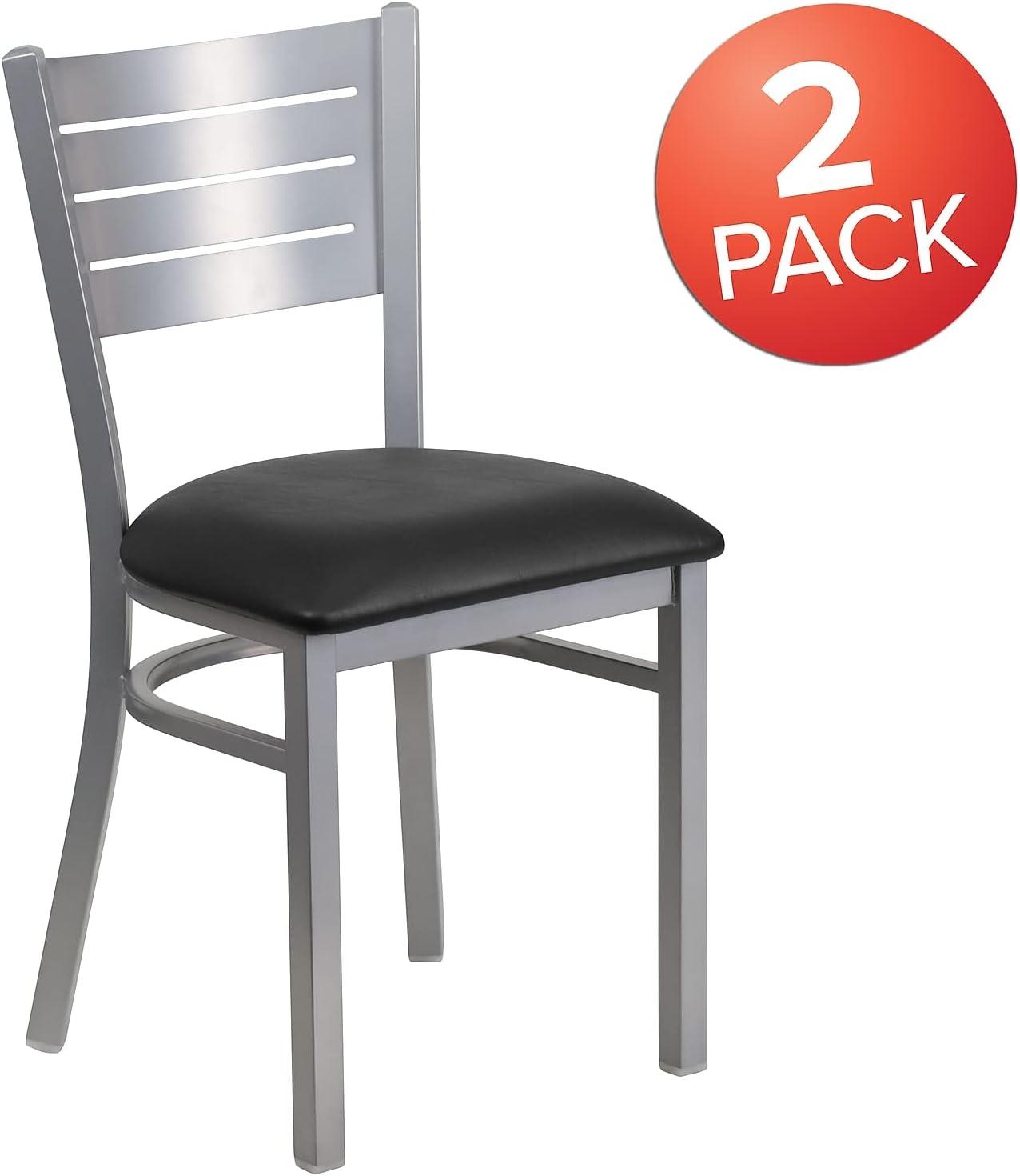 Flash Furniture HERCULES Series Silver Slat Back Metal Restaurant Chair - Black Vinyl Seat