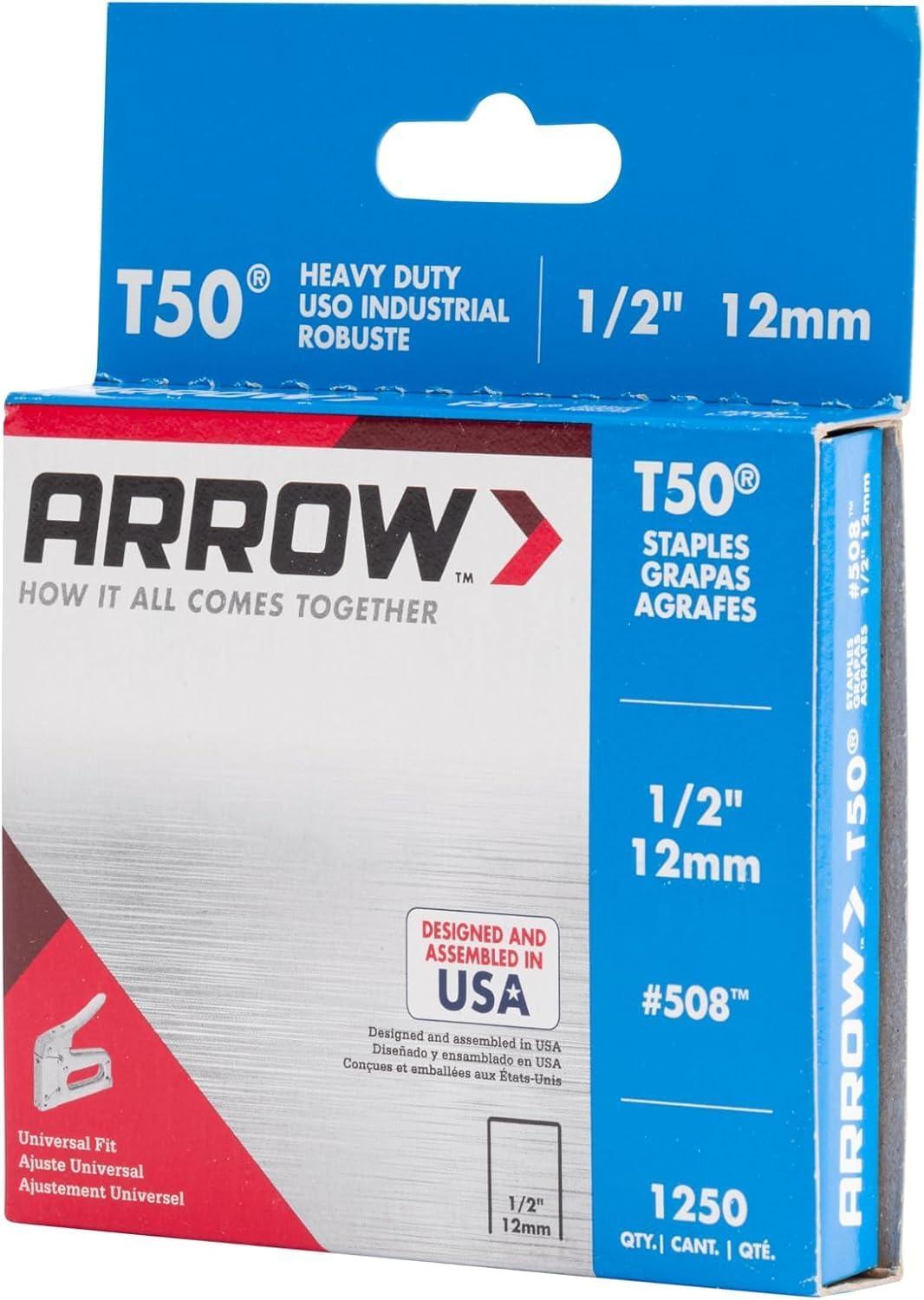 Arrow 508 Heavy Duty T50 1/2" Leg Length, 3/8" Crown, Staples, Heavy Duty, for General Repairs, DIY, Home Improvement, New