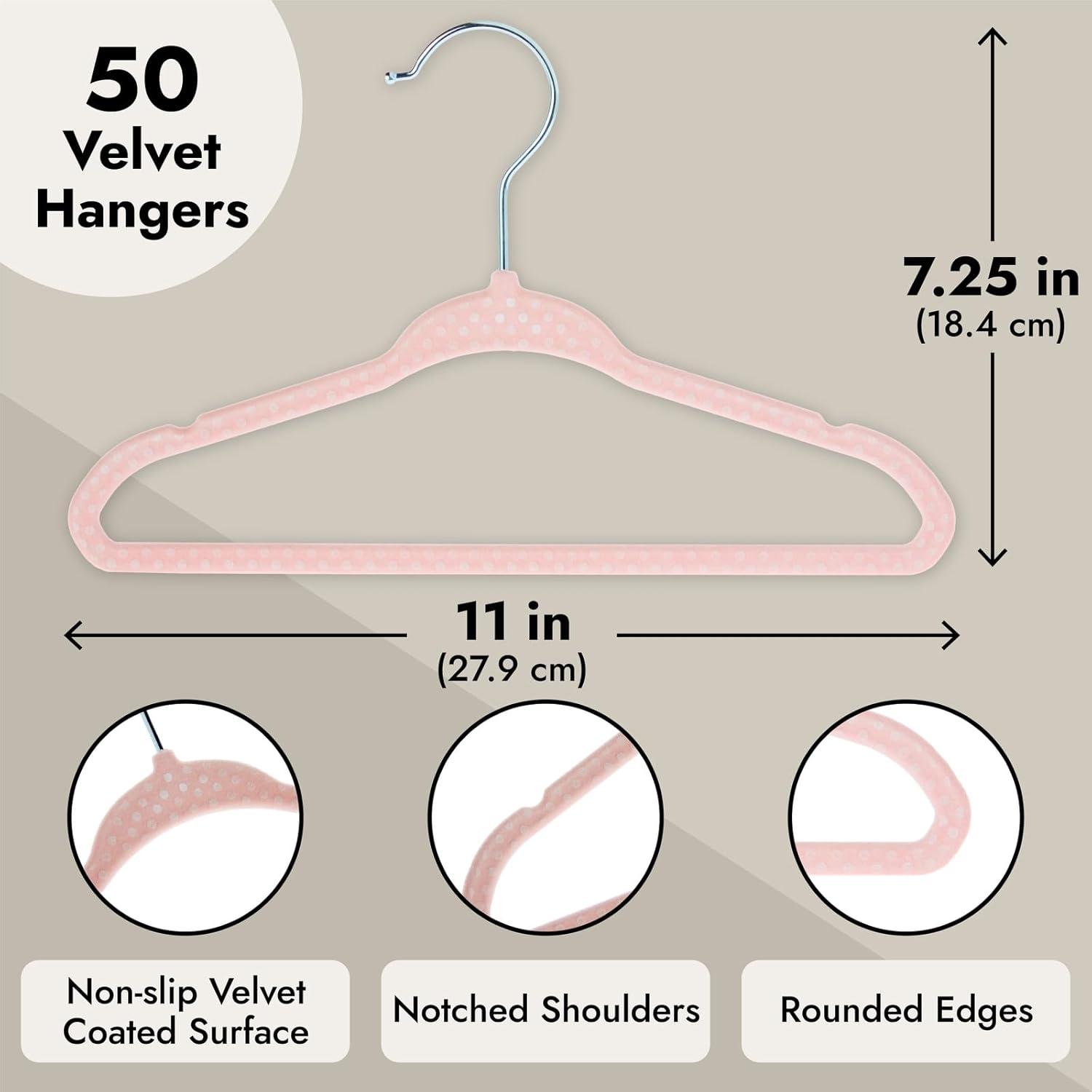 Juvale 50 Pack Pink Velvet Baby Clothes Hangers for Closet Storage, Children's Nursery, Kid's Closet, Slip-Resistant, 11 In