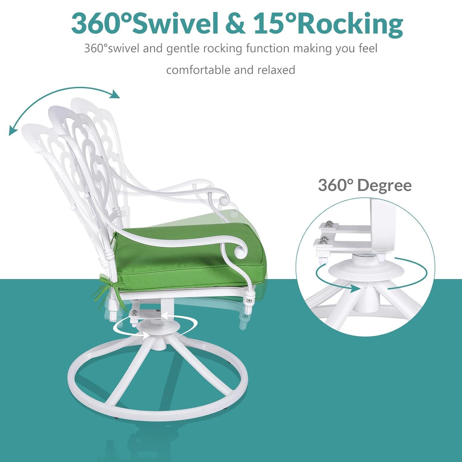 MEETWARM 2 Piece Patio Dinning Swivel Chairs Rocker, Outdoor All-Weather Cast Aluminum Chairs, Patio Bistro Dining Chair Set with Cushions for Garden Deck Backyard,White