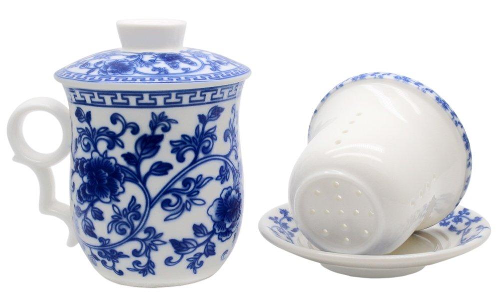 Porcelain Tea Cup with Infuser Lid and Saucer Sets - Chinese Jingdezhen Ceramics Coffee Mug Teacup Loose Leaf Tea Brewing System for Home Office