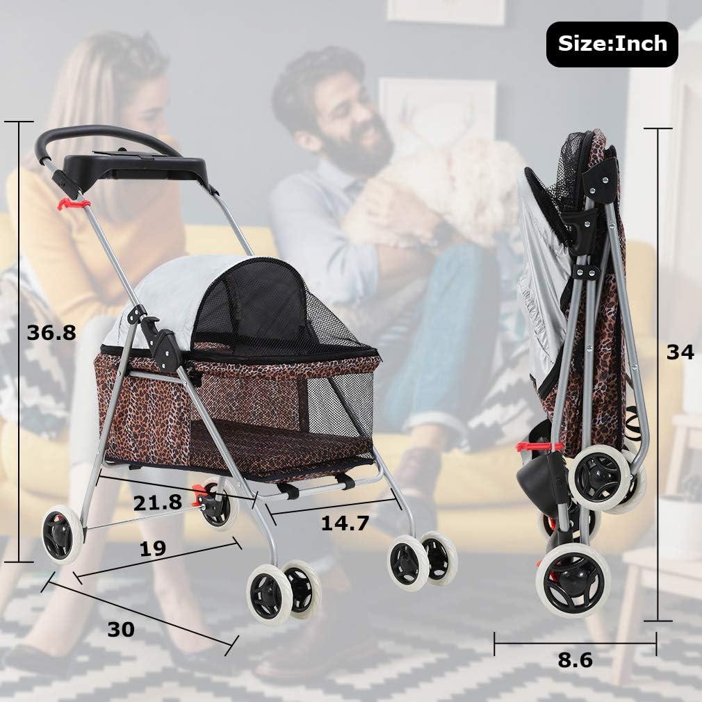 Leopard Print Folding Pet Stroller with Cup Holder