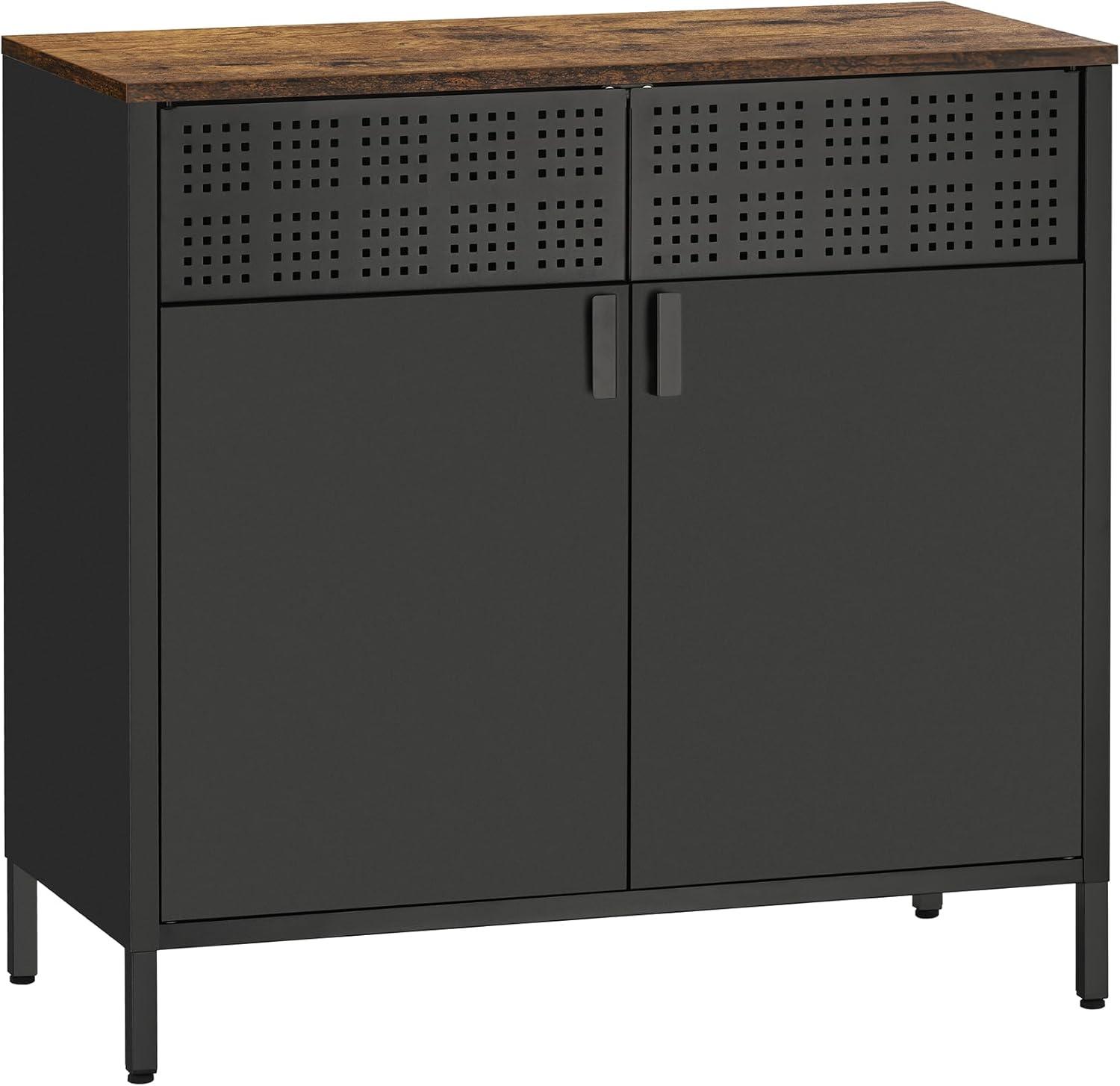 Storage Sideboard, Buffet Table with Adjustable Shelves, Floor Storage Cupboard, Steel Frame, Rustic Brown and Black ULSC102B01