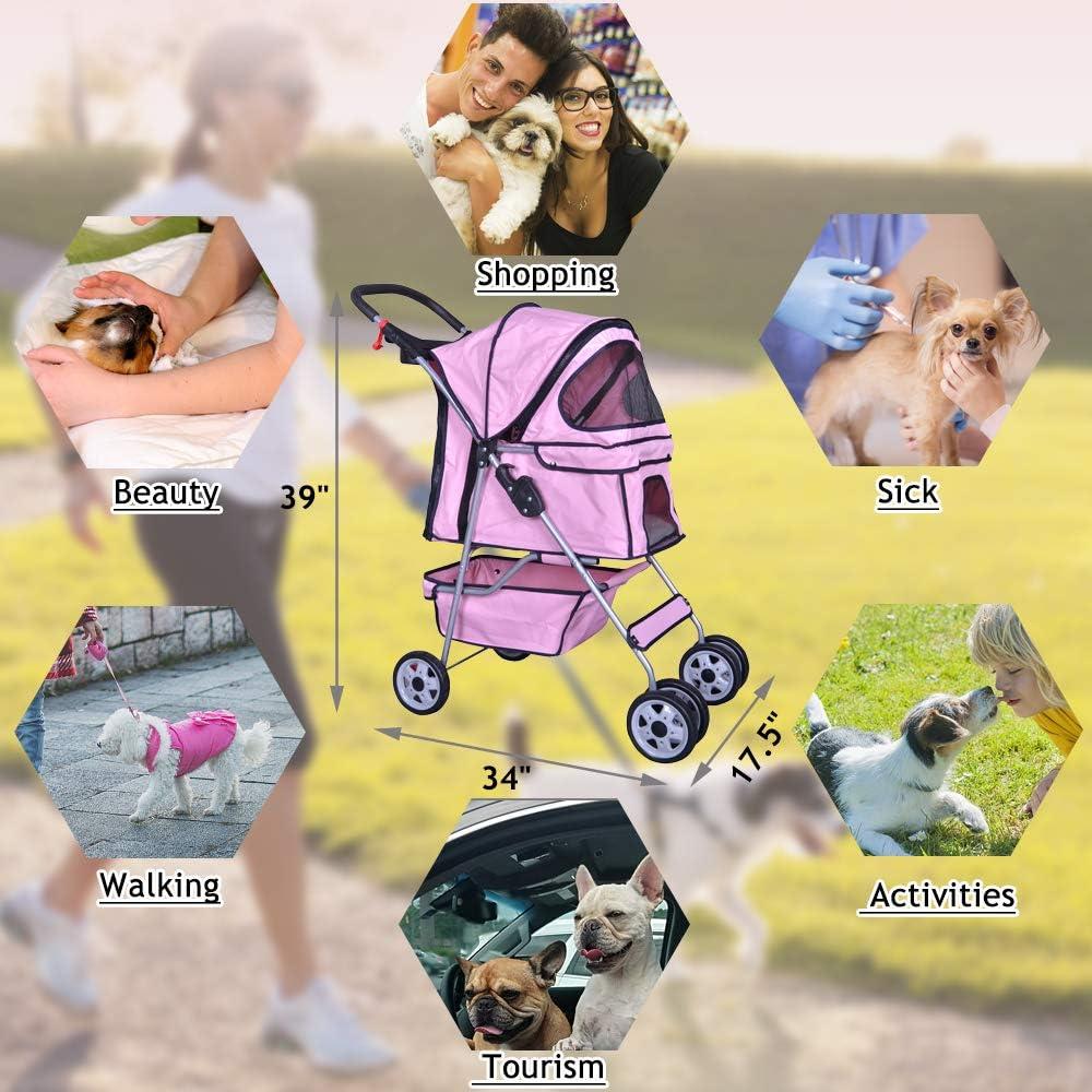 4 Wheels Pet Stroller Cat Dog Cage Stroller Travel Folding Carrier with Cup Holders and Removable Liner for Small-Medium Dog, Cat (Pink)