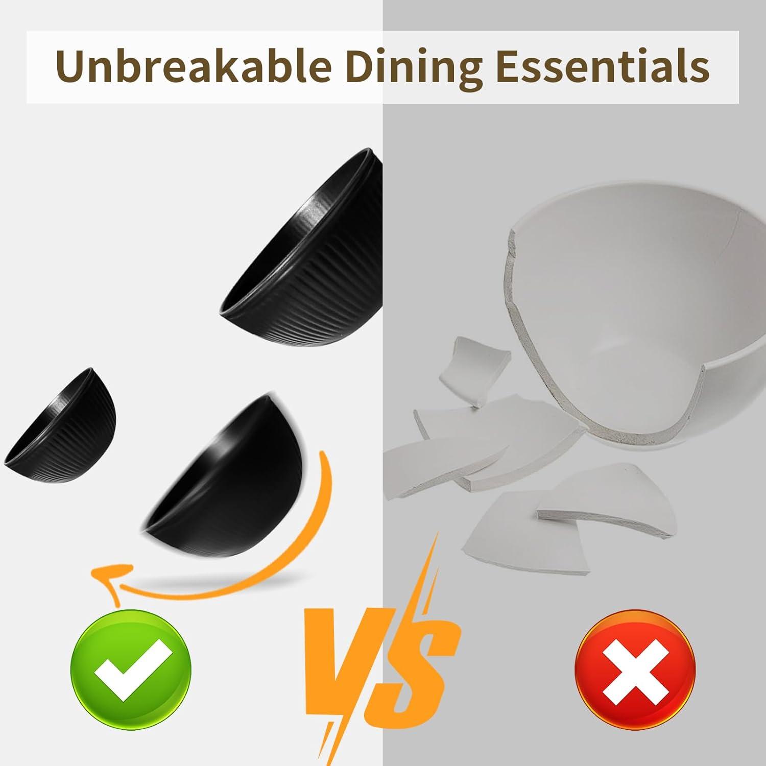 32 Pcs Wheat Straw Dinnerware Sets,Plastic Plates and Bowls Sets for 8,Unbreakable Dinnerware Set,Reusable Lightweight Black Dish Set for Kitchen,Camping,Party,RV,Dishwasher Microwave Safe