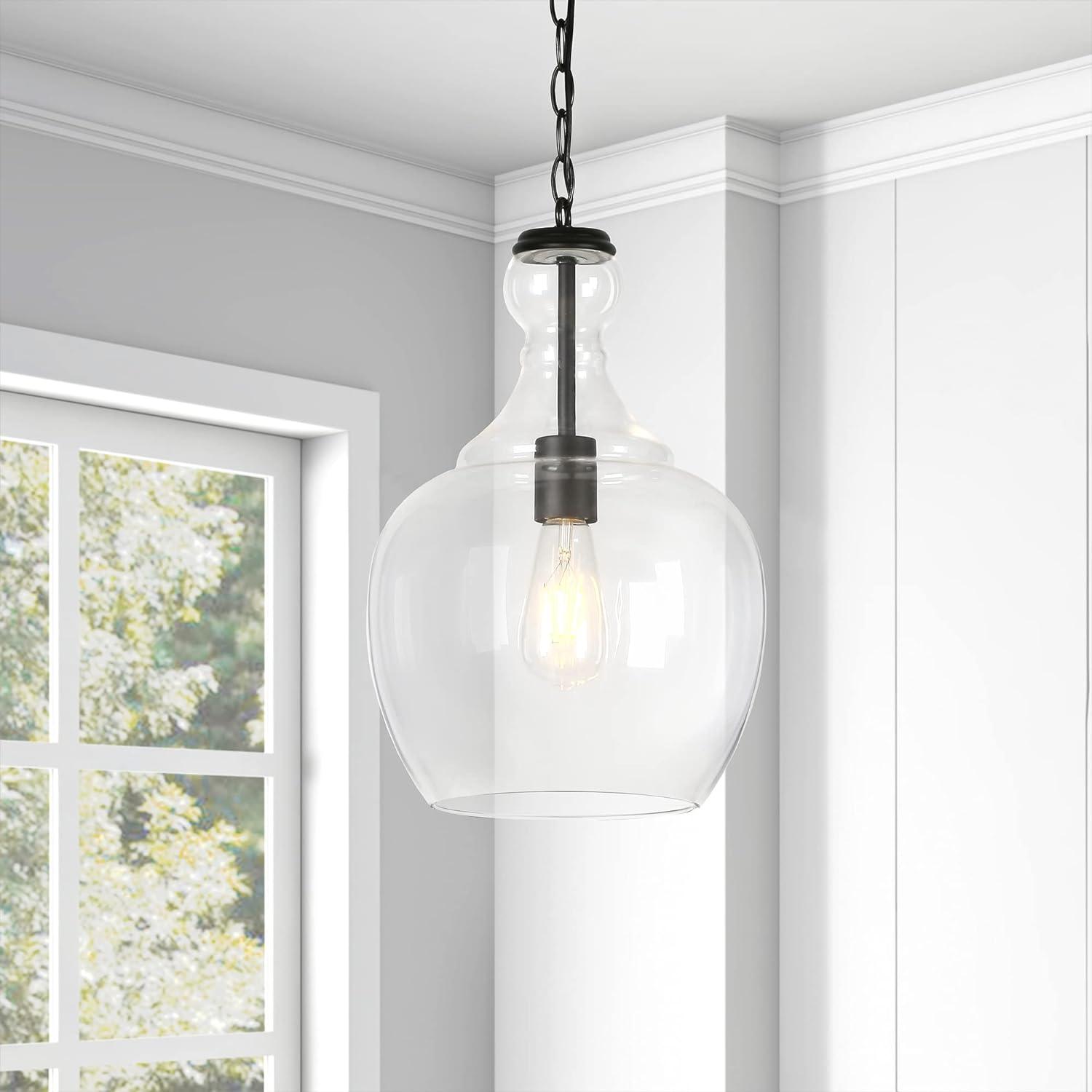 Evelyn&Zoe Verona 11" Wide Pendant with Glass Shade in Blackened Bronze/Clear