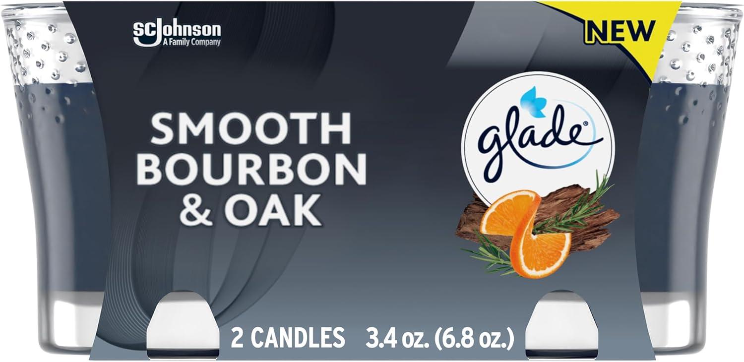 Glade Candle, Christmas Candles, Infused with Essential Oils, Smooth Bourbon & Oak Scent, 2 Count