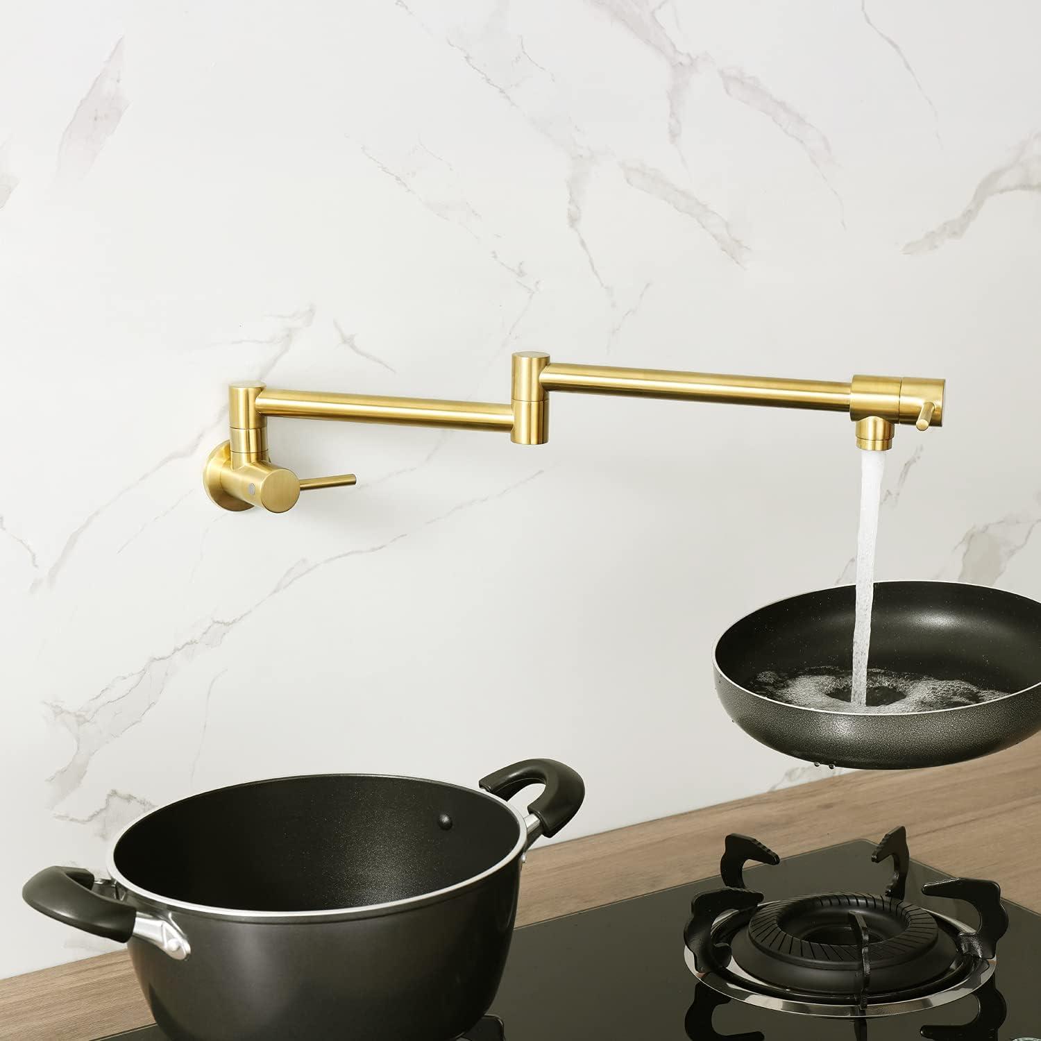 Pot Filler Folding Faucets,Wall Mount Pot Filler Kitchen Faucet Solid Brass,Swing Arm Folding Brushed Gold Modern Kitchen Sink Faucet Folding Stretchable with Single Hole Two Handles