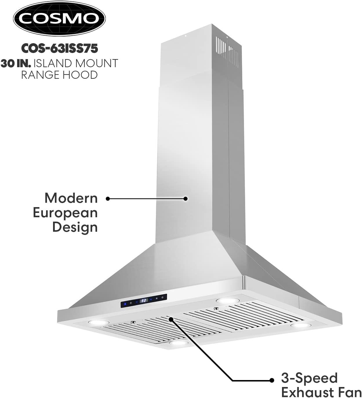 Cosmo 30" 380 CFM Ducted Island Range Hood Kitchen Hood in Stainless Steel