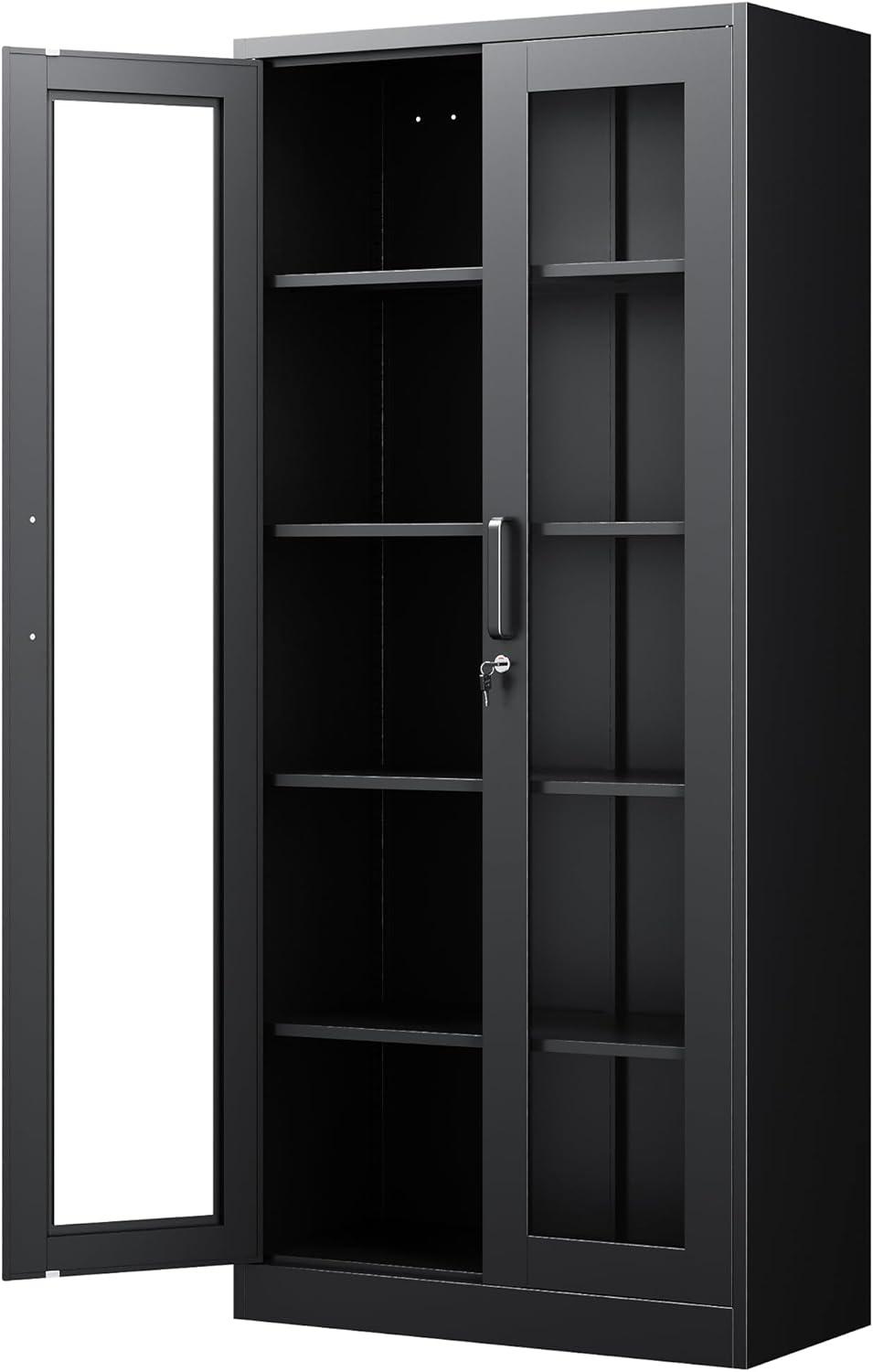 Display Cabinet With Glass Doors, Curio Cabinets With 4 Adjustable Shelves, Locking Glass Cabinet Display Case For Home, Office, Clinic, Pantry, Assemble Required