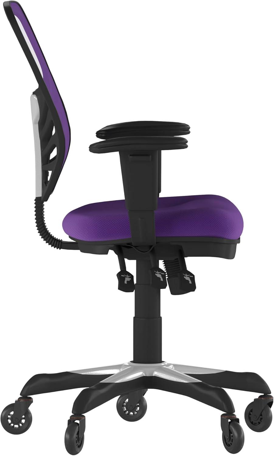 Flash Furniture Nicholas Mid-Back Purple Mesh Multifunction Executive Swivel Ergonomic Office Chair with Adjustable Arms and Transparent Roller Wheels