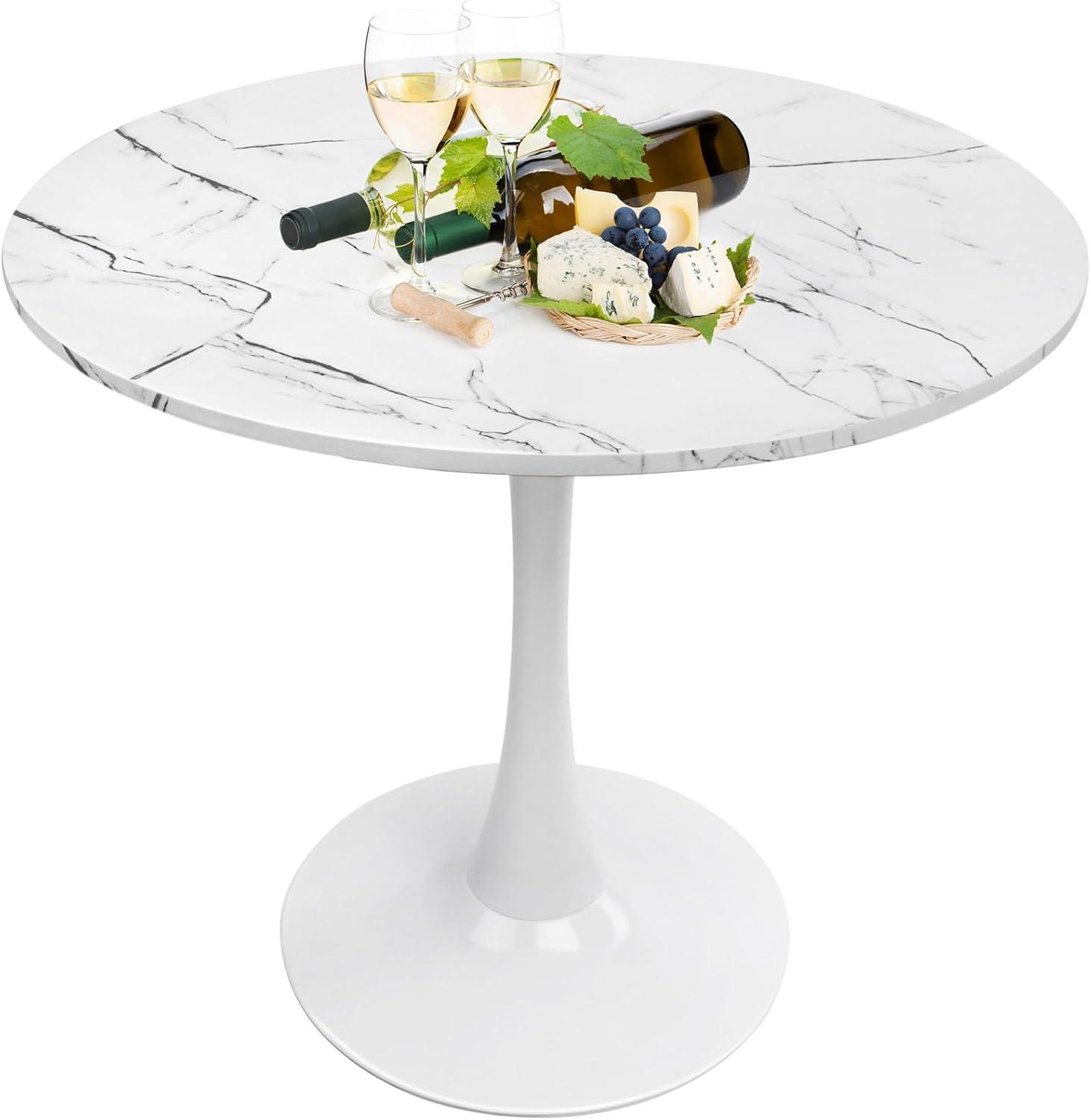 31.5'' Round Coffee Table, Modern Dining Table for 4-6 People, Tulip Table with White Marble Table Top and Metal Pedestal Base, Leisure End Table for Dining Room Living Room Cafe and Kitchen, White