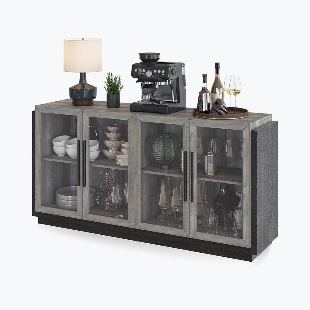 BELLEZE Sideboard Buffet Cabinet, Modern Wood Glass-Buffet-Sideboard with Storage, Console Table for Kitchen, Dinning Room, Living Room, Hallway, or Entrance - Brixston (Grey)