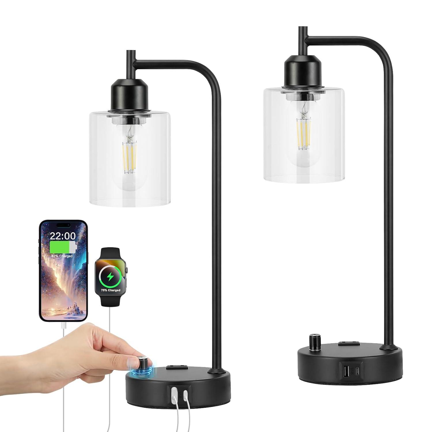 Industrial Nightstand Lamps for Bedrooms Set of 2 - Fully Dimmable Bedside Lamps with USB A C Ports and Outlet, Black Table Lamps with Clear Glass Shade for Living Room, Desk Lamps for Office Reading