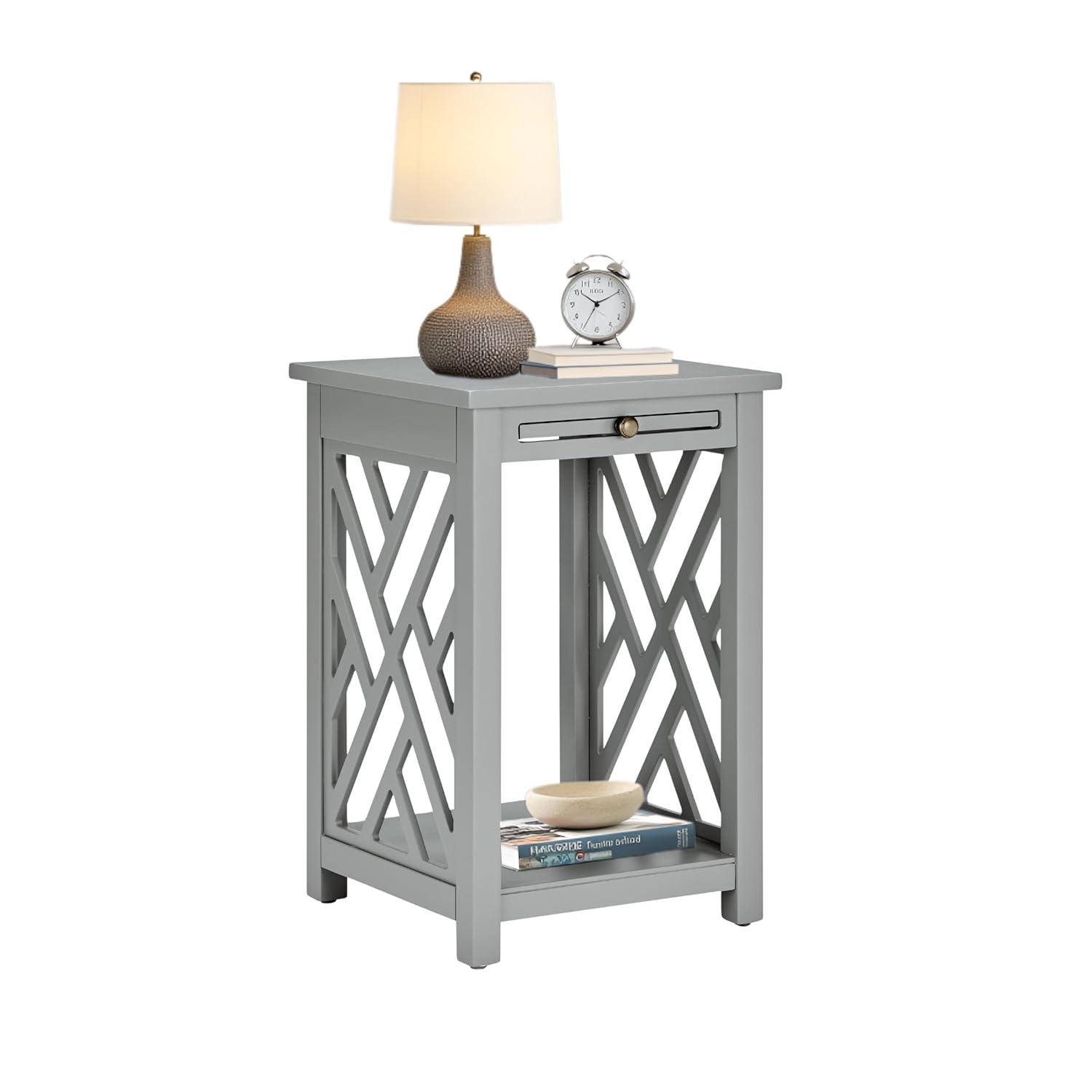 Alaterre Furniture Coventry Wood End Table with Tray Shelf and Bottom Shelf, Gray