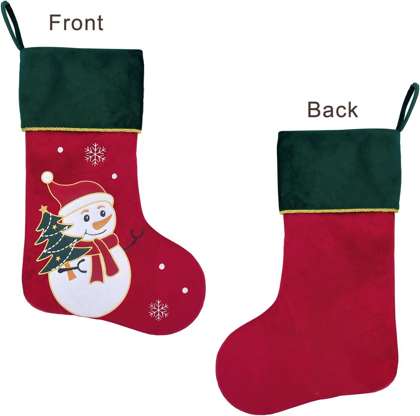 Large Red Velvet Christmas Stockings with Green Cuff, Set of 5