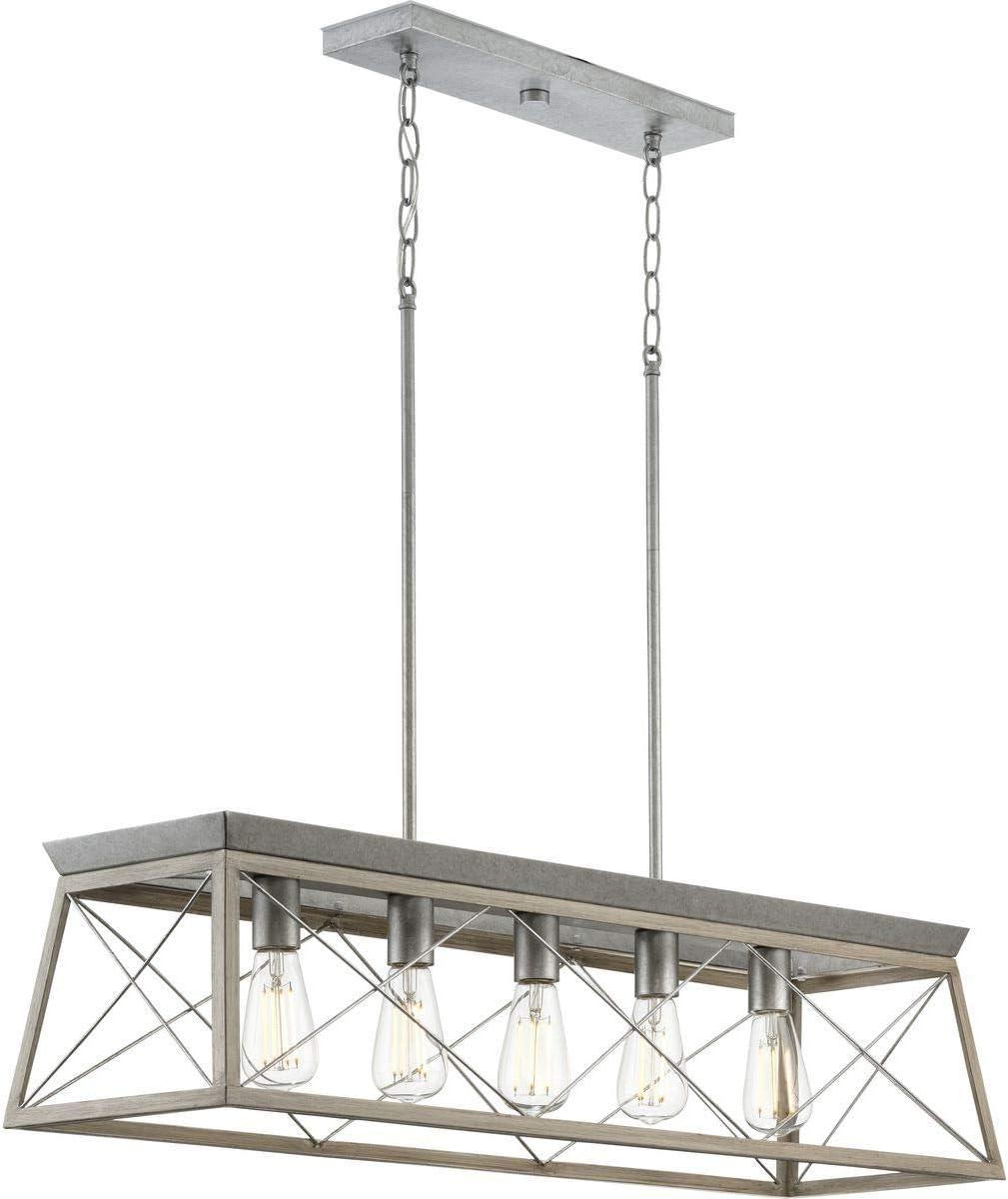 Progress Lighting Briarwood 5-Light Linear Chandelier, Galvanized Finish, Steel Material, Faux-Painted Wood Enclosure