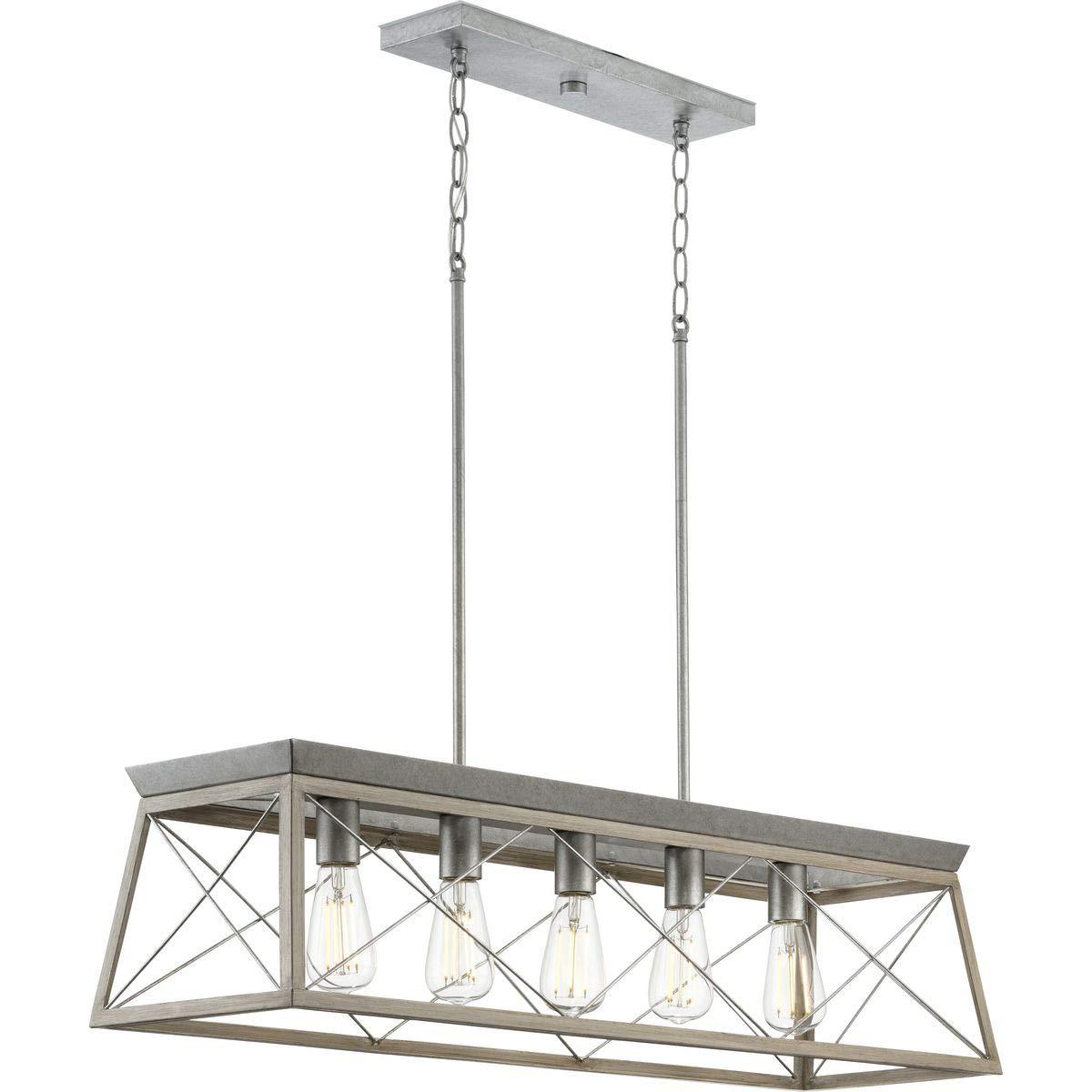 Progress Lighting Briarwood 5-Light Linear Chandelier, Galvanized Finish, Steel Material, Faux-Painted Wood Enclosure