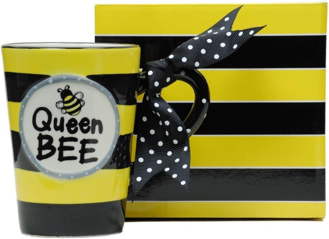 Queen Bee Black and Yellow Ceramic Mug with Polka Dot Bow