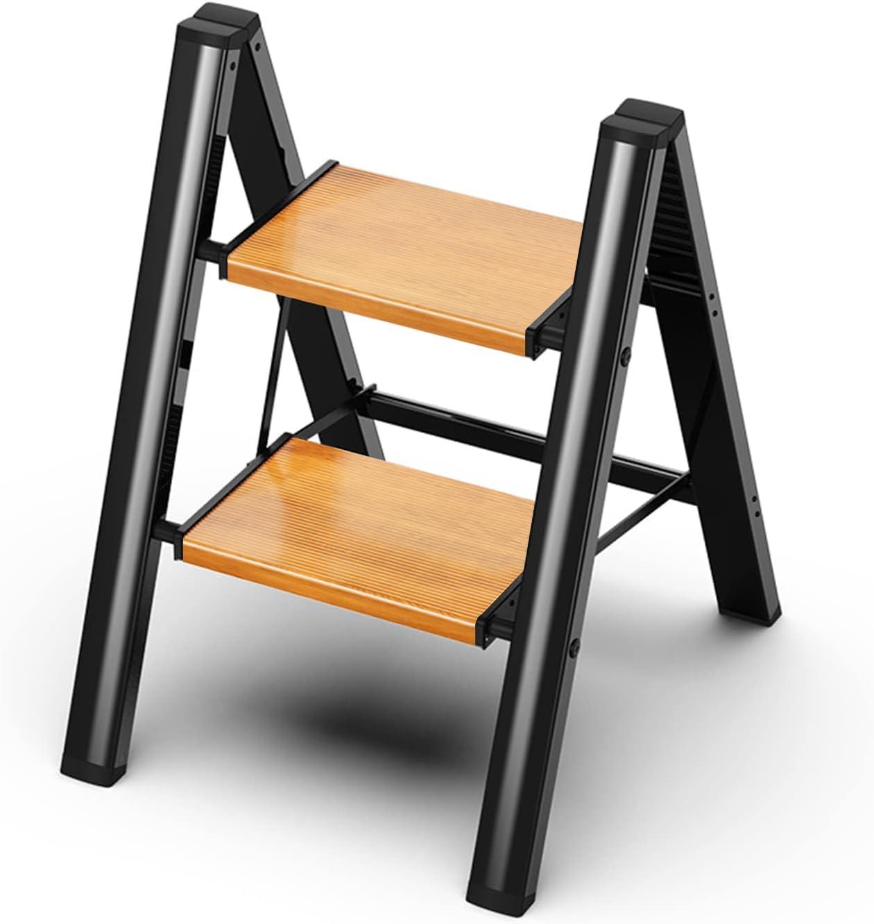 Black Aluminum Foldable 2-Step Ladder with Woodgrain Steps