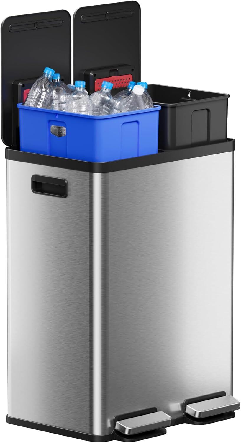 16 Gallon Stainless Steel Dual Compartment Combo Step Pedal Trash Can and Recycle Bin