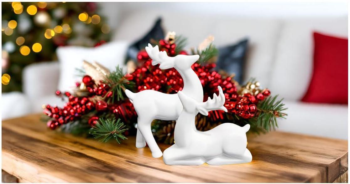 QIAOIDEA Pack 2 Porcelain Christmas Reindeer Figurines Mini Animal Reindeer Decor Deer Statues Sculpture Collectible Figurines