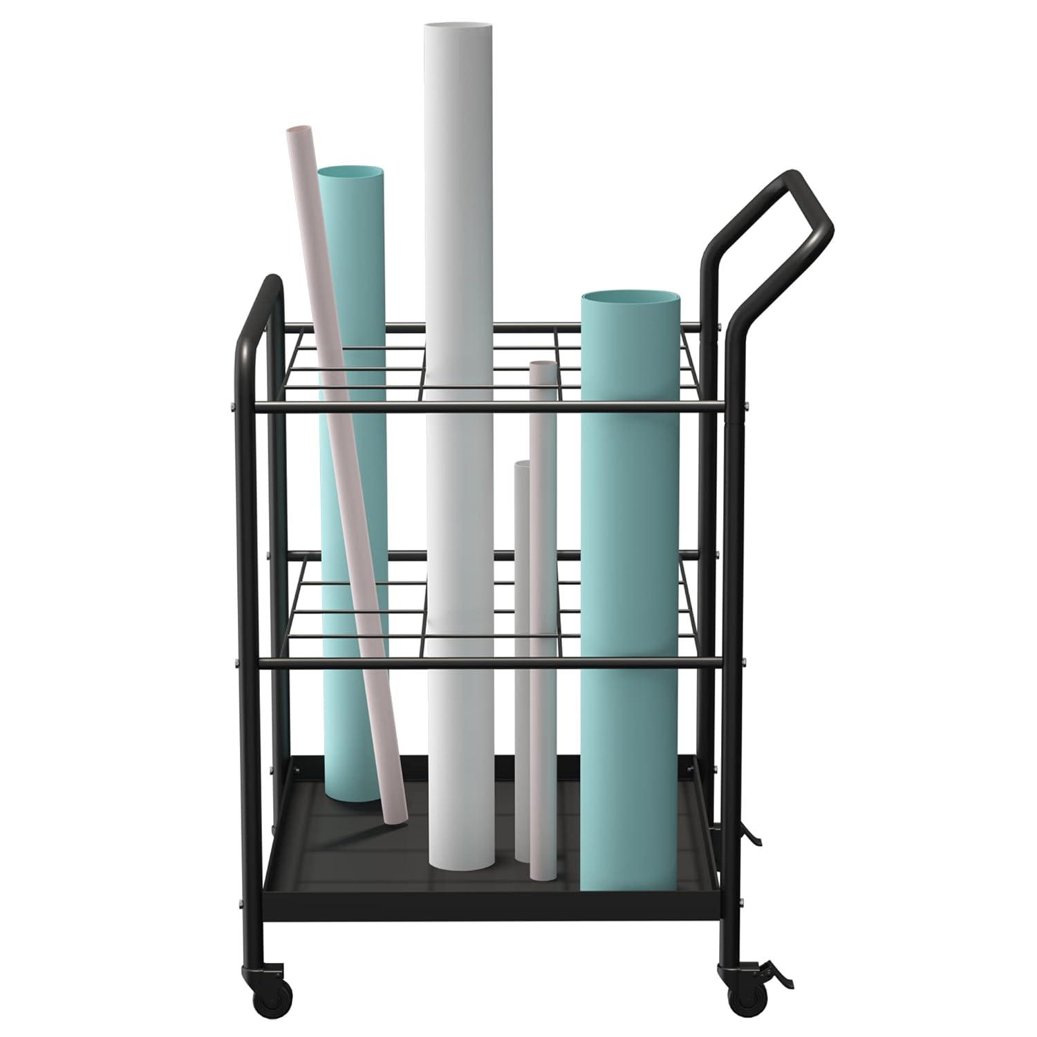 Blueprint Roll File Holder Storage - 12 Slots Rack Cart,Wire Bin Roll File, Made for Maps, Plans, Drawings, and Tubes, Yoga Mat and Gym Storage Rack Cart with Wheels,Files Sorter Poster Holder