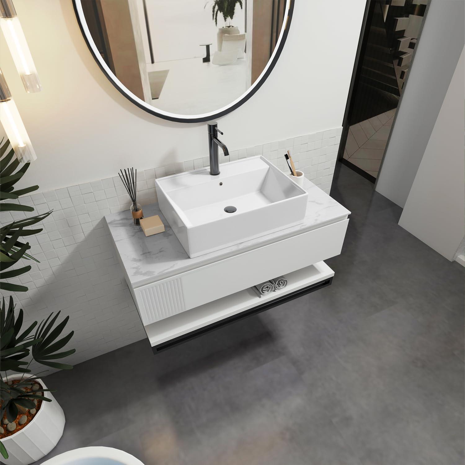 Sinber 24" x 17" x 6.3" White Rectangular Ceramic Countertop Bathroom Vanity Vessel Sink