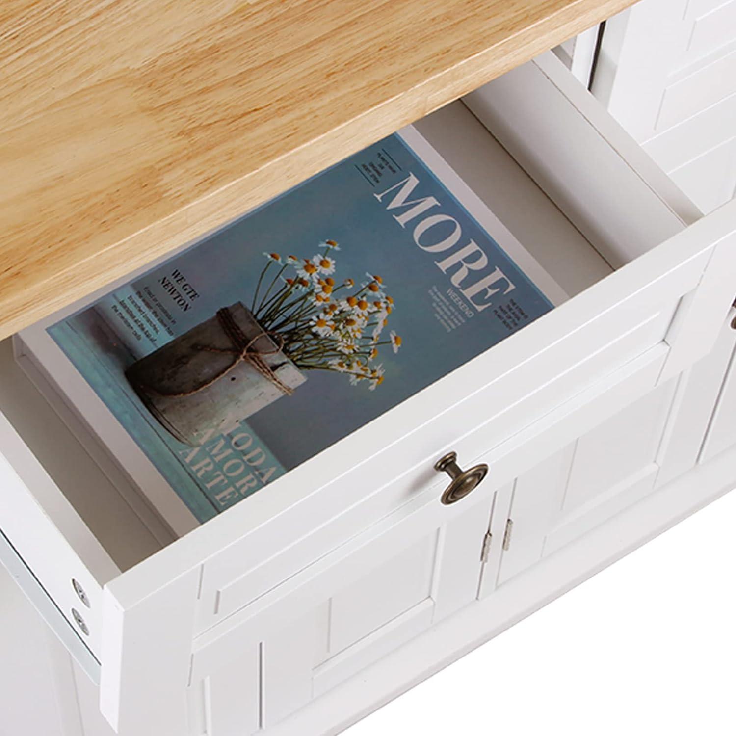 White and Maple Wood Kitchen Cart with Spice Rack and Storage