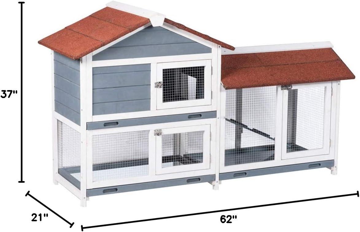 Two-Story Blue and White Wooden Guinea Pig Hutch with Red Roof