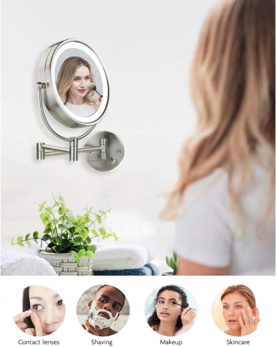 OVENTE 8.5'' Hardwired Lighted Wall Mount Makeup Mirror, 1X & 7X Magnifier, Nickel Brushed MPWD3185BR1X7X