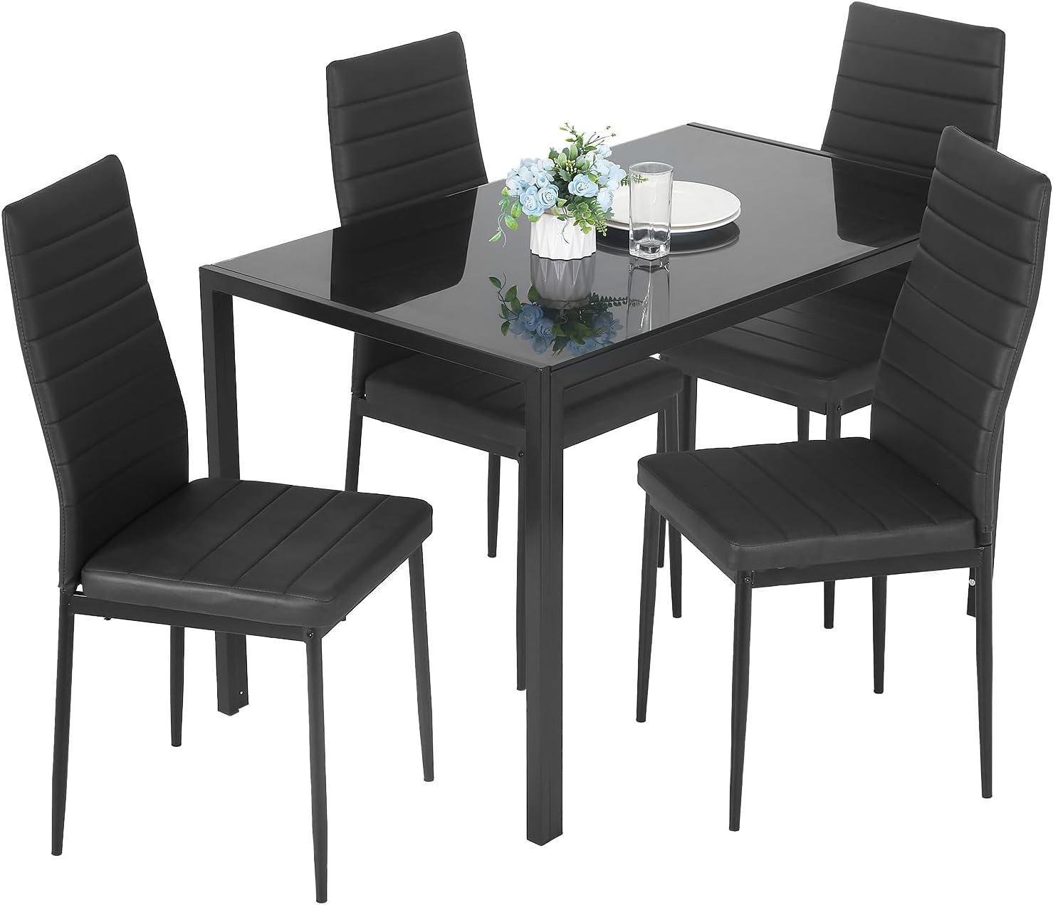 Hekimhan 5-Piece Kitchen Dining Table Set w/ Glass Tabletop, 4 Faux Leather Chairs