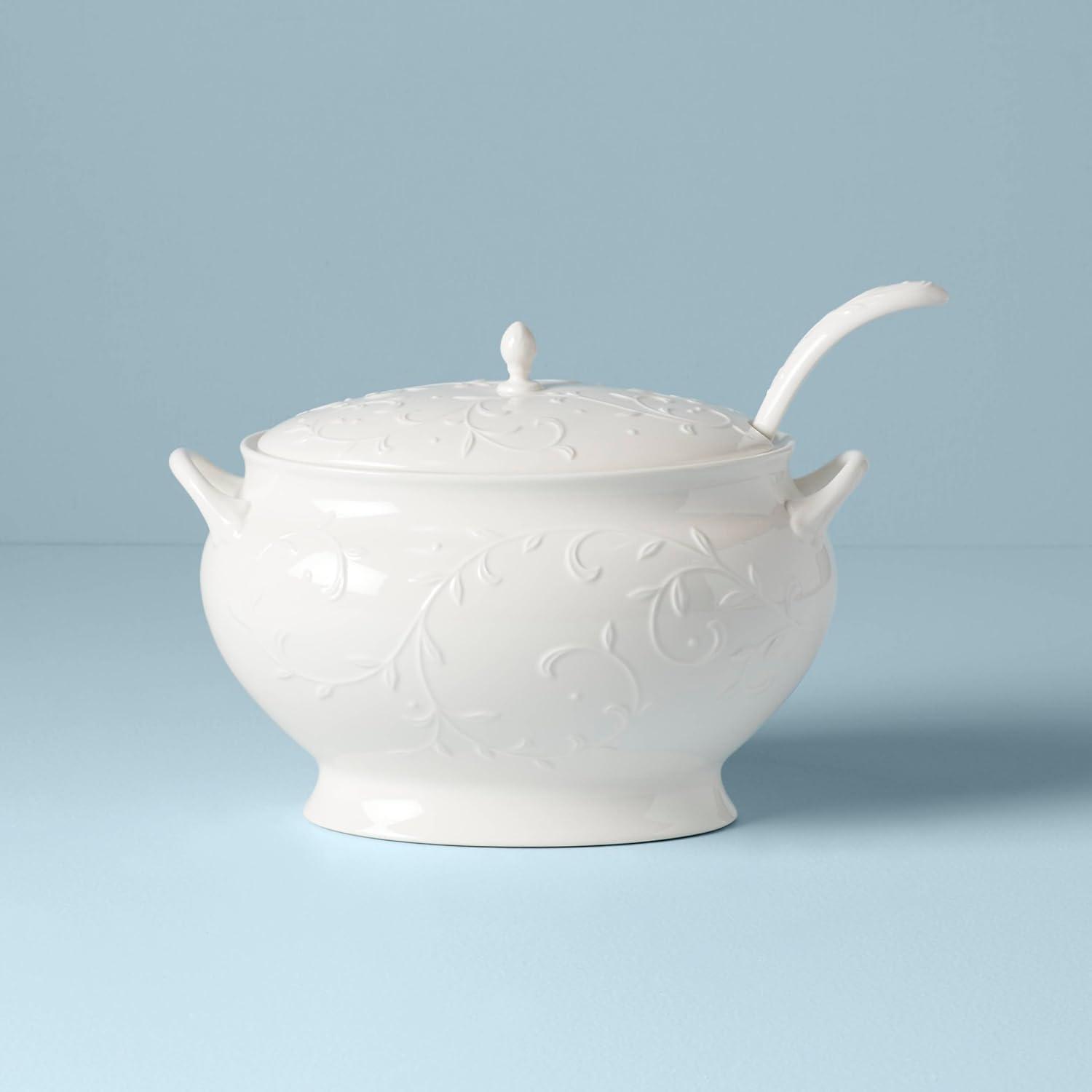 White Porcelain Soup Tureen with Ladle and Lid