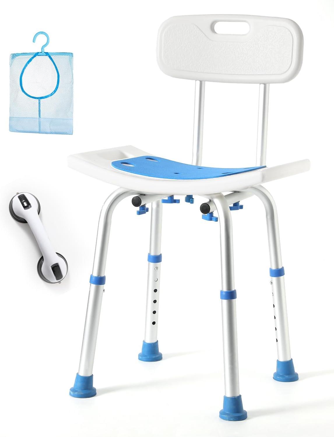 Adjustable White and Blue Aluminum Shower Chair with Backrest