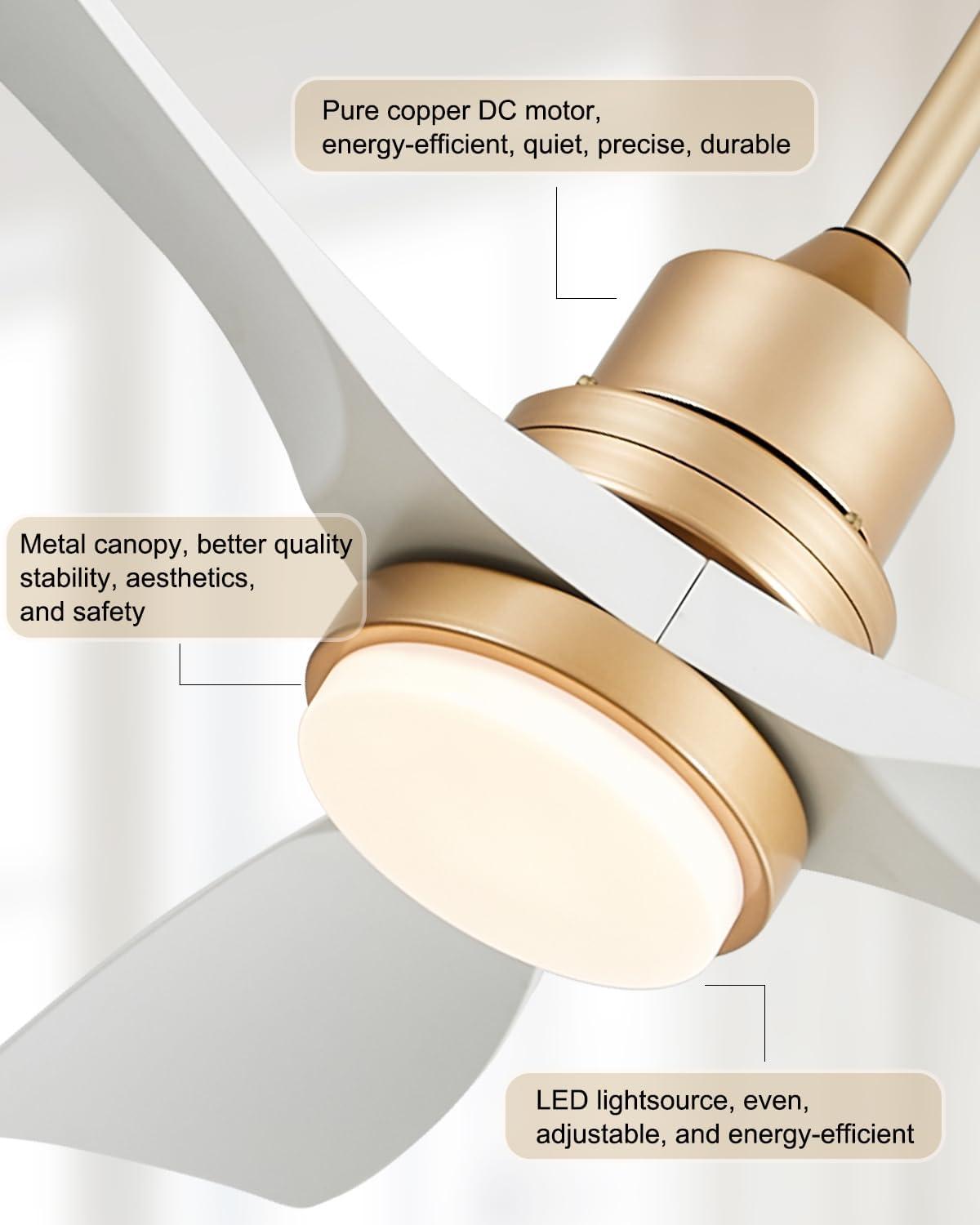 52 Inch Gold White Smart Ceiling Fans with Lights and Remote,Quiet DC Motor,for Modern Bedroom Living Room Patio