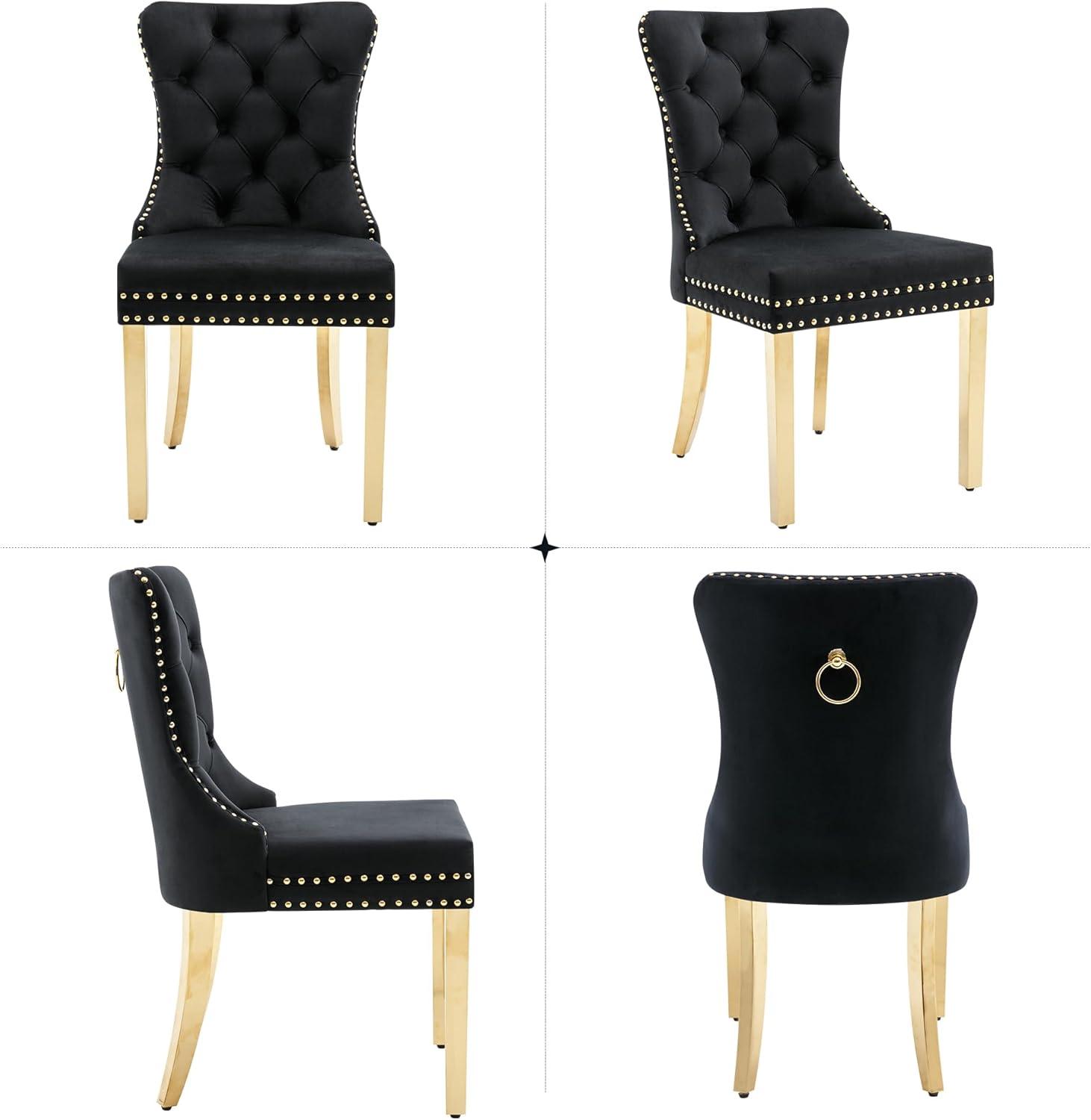 LegaHome Dining Chairs Set of 2, Modern Upholstered Velvet Dining Room Chairs with Nailhead Trim and Golden Stainless Steel Plating Solid Wood Legs, Tufted Button Padded Chairs Set for Kitchen, Black