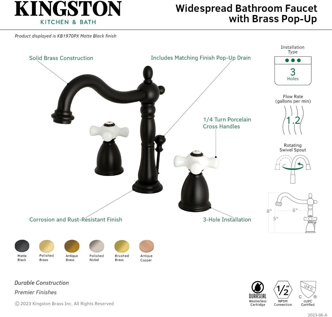 Kingston Brass Heritage Two-Handle 3-Hole Deck Mount Widespread Bathroom Faucet with Brass Pop-Up Drain