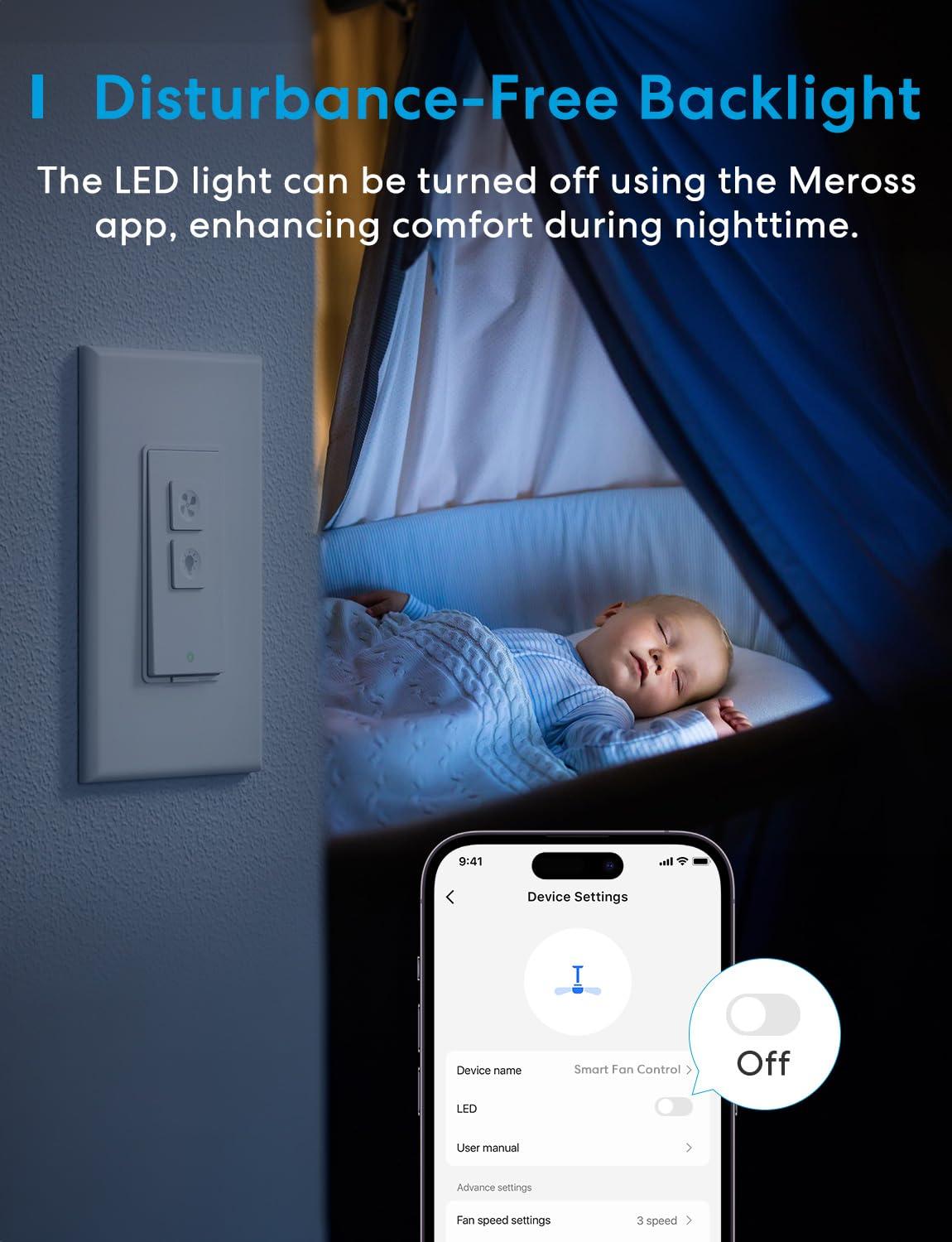 meross Smart Ceiling Fan Control and Dimmer Switch, Supports Apple HomeKit, Alexa, Google & SmartThings, 2.4G Wi-Fi Fan and Light Switch Combo, 4 Fan Speed, Neutral Wire Needed, Single Pole, 2 Pack