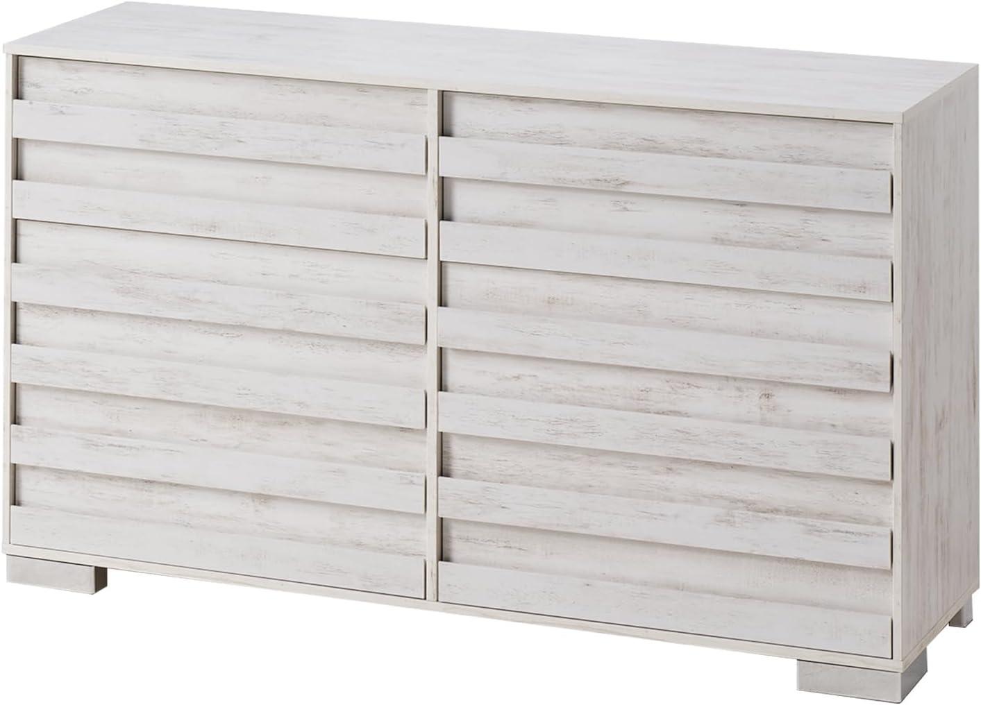 Farmhouse 6 Drawers Dresser for Bedroom, Chest of Drawers with Hidden Handles & Quick Install with Pre Installed Slide, 54" Rustic TV Stand for Living Room, Entryway, Distressed White