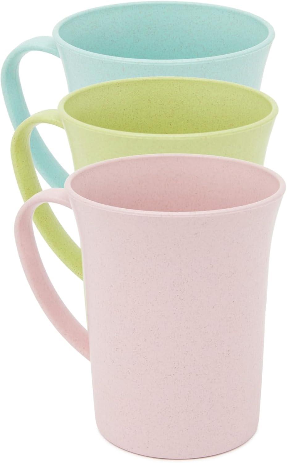 Wheat Straw Mugs with Handle, Set of 6 Unbreakable Plastic Coffee Cups (3 Colors, 11 oz)